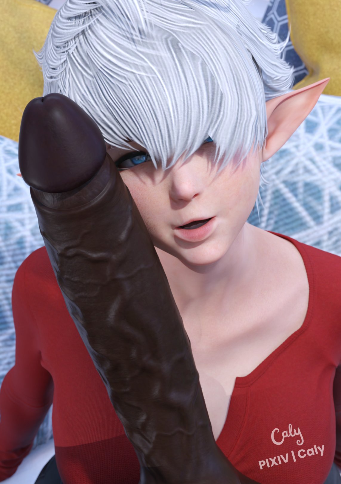 1girls, 3d, alisaie leveilleur, big breasts, black penis, blue eyes, calysky, dark-skinned male, elezen, elf ears, faceless male, female, final fantasy, final fantasy xiv, huge cock, interracial, looking at viewer, male, open mouth, penis, penis on face, pointy ears, white hair