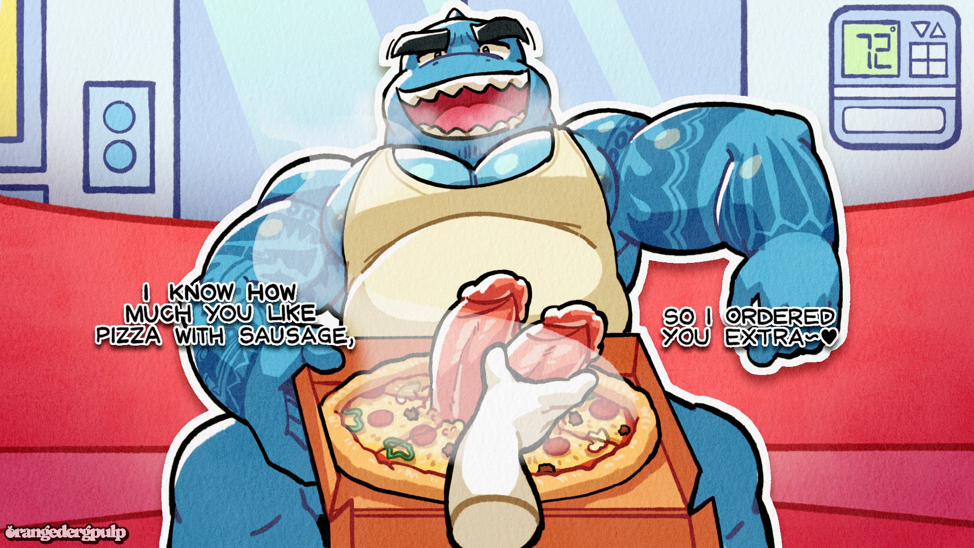 2 penises, anon, anonymous character, anthro, artist request, cartoon network, dc, dc comics, diphallia, diphallism, handjob, king shark, looking at viewer, male, male only, masturbation, multi genitalia, multi penis, muscular, muscular male, orangedergpulp, penis, pizza, pizza box, shark, solo focus, teen titans, teen titans go