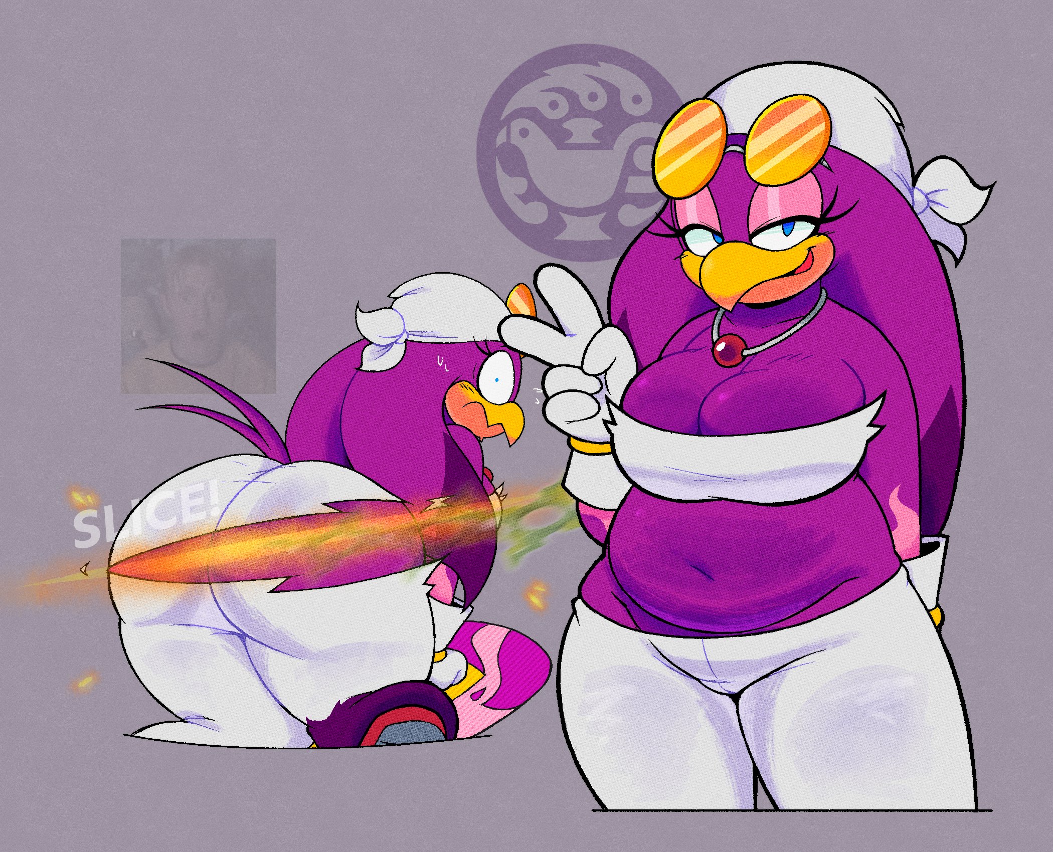 1girls, 2025, 2d, 2d (artwork), 2d artwork, anthro, ass, avian, avian humanoid, bandana, big ass, big breasts, big butt, bird, bird girl, blue eyes, breasts, bubble ass, bubble butt, chubby, chubby female, cleavage, clothed, clothed female, digital art, digital drawing (artwork), digital media (artwork), embarrassed, female, furry, furry female, glasses, glasses on head, gloves, looking back, mobian, mobian (species), navigator8, oscine, passerine, peace sign, purple body, purple hair, ripped clothing, ripped pants, sega, sonic (series), sonic riders, sonic the hedgehog (series), sunglasses, sunglasses on head, swallow (bird), tagme, wave the swallow