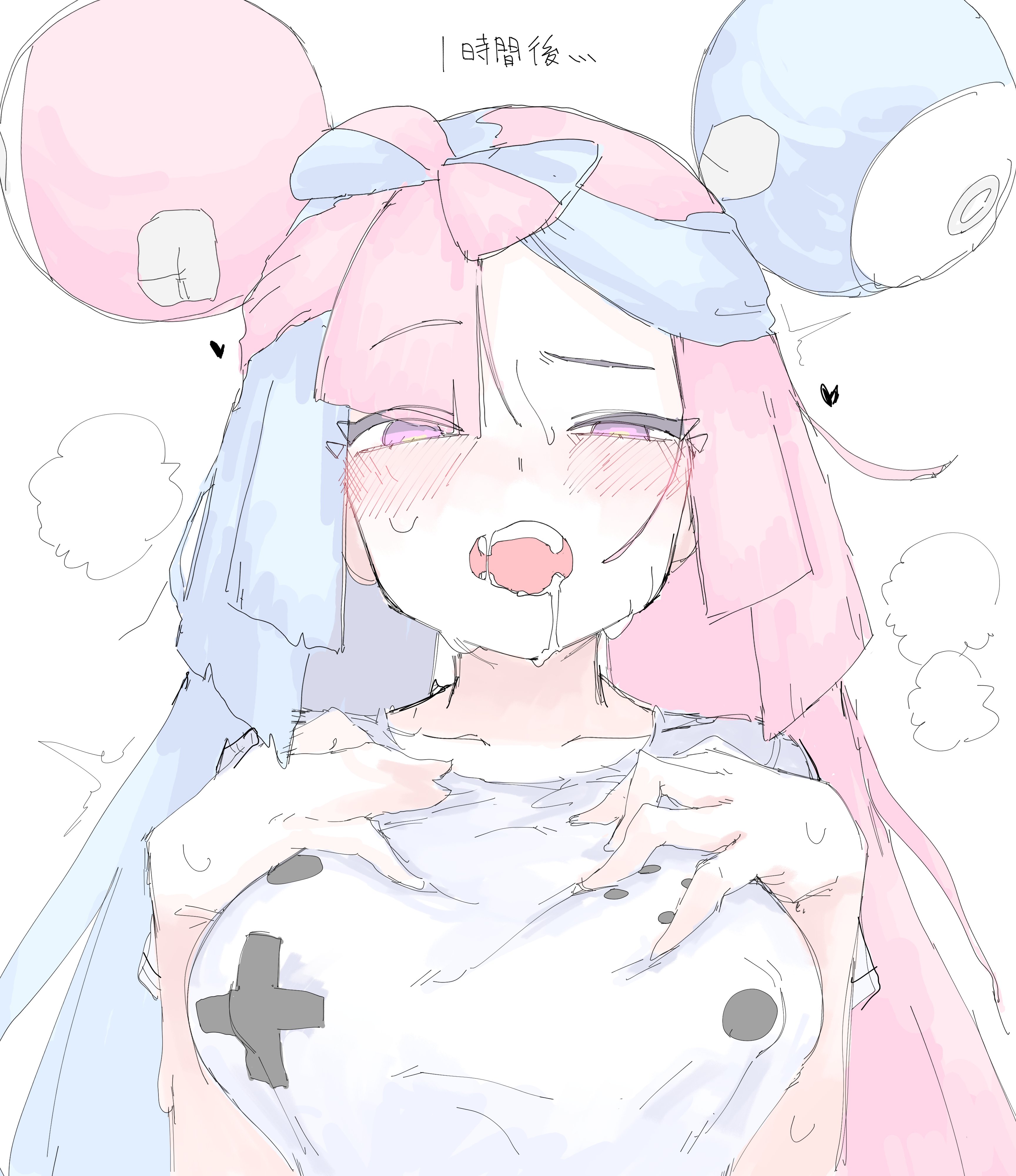 blue hair, blush, breasts, controller shirt, female, female only, fluids, hand on breast, heart, iono (pokemon), looking at viewer, magnemite, mocaht8, open mouth, pink eyes, pink hair, pokemon, shirt, steam, sweat, tagme, tight clothing