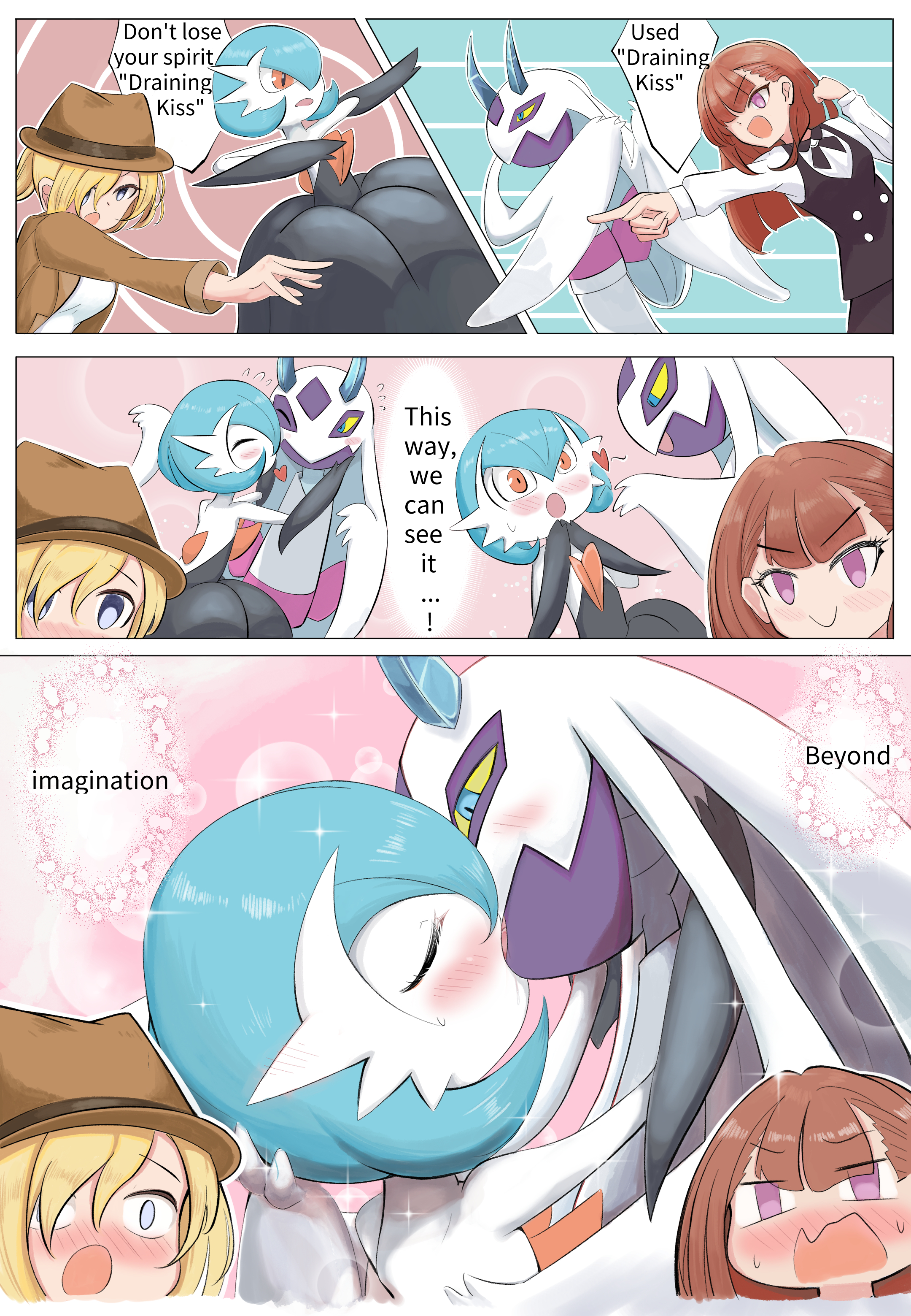 2girls, absurdres, alternate color, belt, black dress, black gloves, blonde hair, blue background, blue eyes, blue hair, blush, bob cut, brown hair, comic, draining kiss, draining kiss (pokemon move), dress, elbow gloves, english, english text, floral print, froslass, gardevoir, gloves, hakama, hakama skirt, hat, highres, horns, japanese clothes, kimono, kissing, long hair, mask, mega evolution, mega froslass, mega gardevoir, mega sirnight, mega yukimenoko, multiple girls, mumi-daohu, obi, open mouth, orange eyes, pink background, pink eyes, pokemon, pokemon (creature), pokemon battle, pokemon legends: z-a, pokemon move, sash, shiny gardevoir, shiny pokemon, sirnight, skirt, sweat, translated, white hair, white kimono, wide sleeves, yukimenoko, yuri