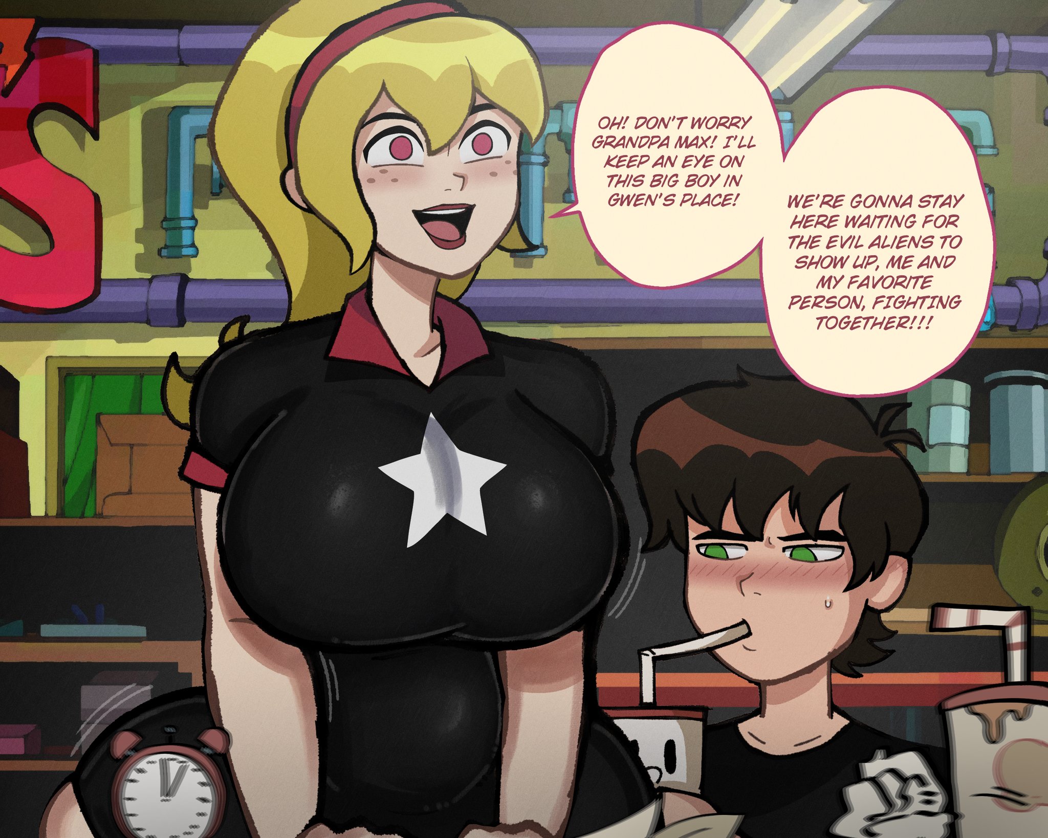 1boy, 1girls, ben 10, ben 10 (classic), ben 10 omniverse, ben tennyson, ben tennyson (classic), big breasts, blonde female, blonde hair, blush, breasts, cousins, english text, female, jpg, large breasts, lenopan, lucy mann, male, mr. smoothy, tagme, text, theodyss, twitter link, voluptuous