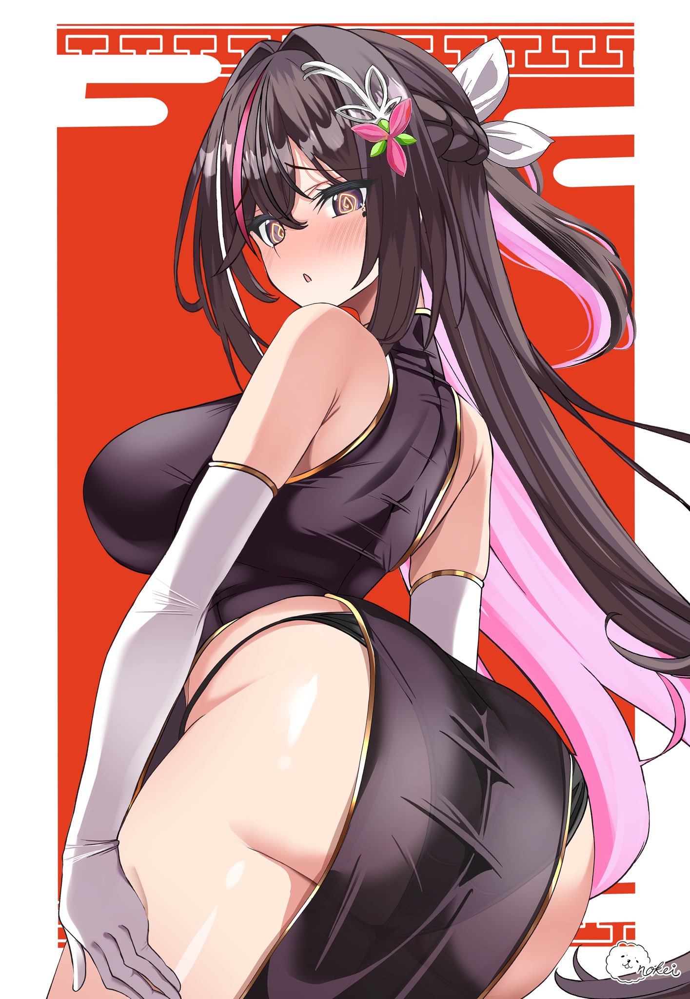 :o, @ @, 1girls, ass focus, azki (hololive), blush, breasts, china dress, female, from behind, hand on thigh, hololive, hololive gen 0, hololive japan, huge ass, huge breasts, looking back, open mouth, solo, thick thighs, virtual youtuber, wide hips, worried