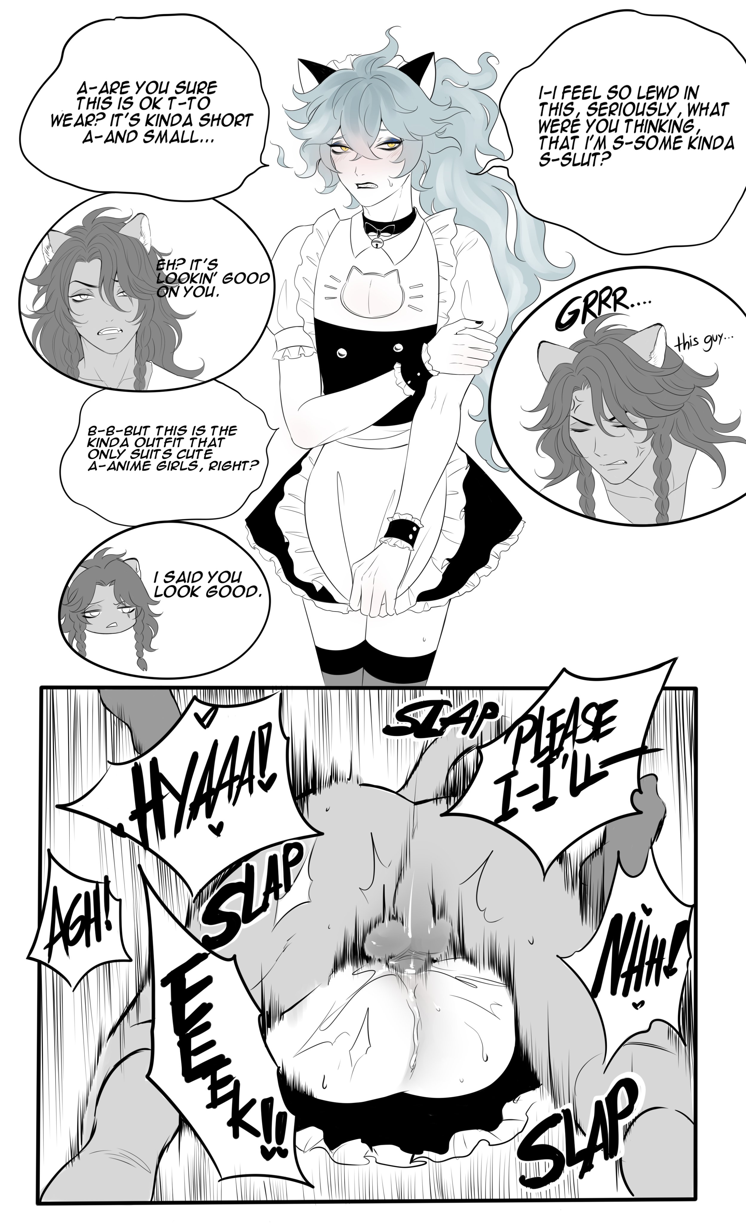 2boys, anal, blush, cat ears, cat tail, clothed, collar, crossdressing, cum, cum drip, feline, femboy, gay, horny lemon7, idia shroud, instant loss 2koma, leona kingscholar, lion ears, lion tail, long hair, maid uniform, male only, male/male, mating press, twisted wonderland, yaoi