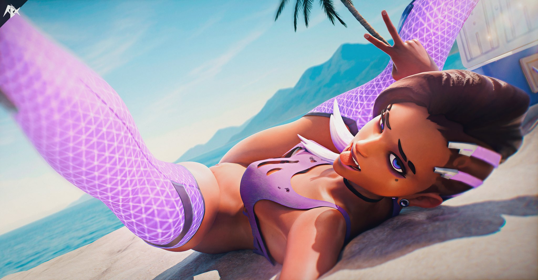 3d, 3d (artwork), beach, beauty mark, beauty mark under eye, big breasts, black hair, bottomless, bottomless female, breasts, choker, clothed, clothed female, clothing, dark skin, dark-skinned female, female, female focus, female only, hand gesture, laying down, laying on back, looking back, looking back at viewer, multicolored hair, open mouth, overwatch, overwatch 2, partially clothed, partially clothed female, peace sign, pose, posing, purple highlights, pussy, ripped clothing, ripped shirt, ripping clothing, rubixx nsfw, shiny, shiny skin, short hair, short-haired female, solo, solo female, solo focus, sombra, thigh highs, thighhighs, tongue, tongue out, v sign, watermark