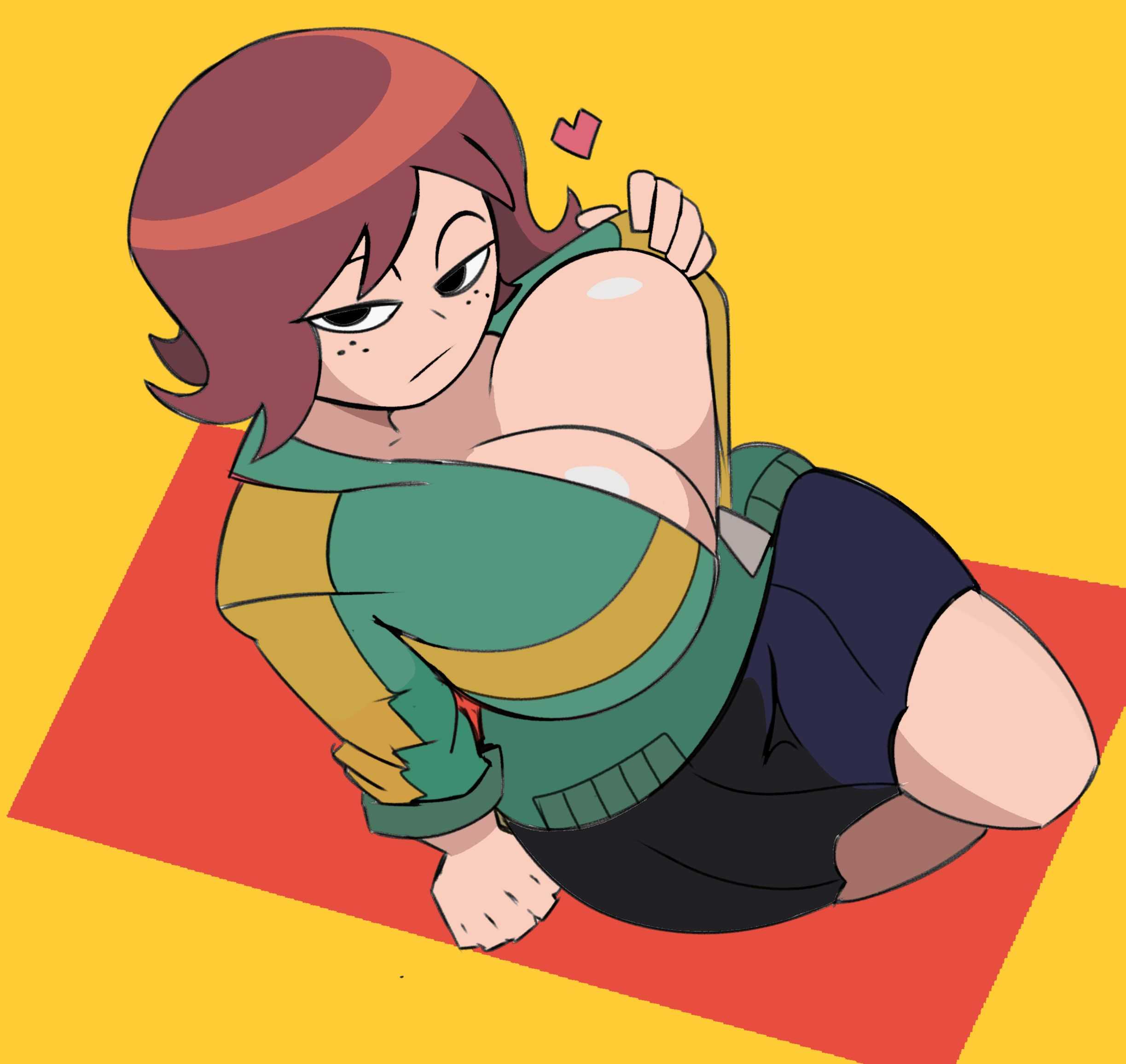 1girls, 2d, about to burst, barely contained, barely contained breasts, barely fits, big breasts, breasts, breasts too big, bursting breasts, cleavage, female, hoodie, imminent wardrobe malfunction, kim pine, lotxolt, scott pilgrim, short hair, solo female, strained zipper, tight fit, too tight, undersized clothes, undersized clothing, unzipped, zipper