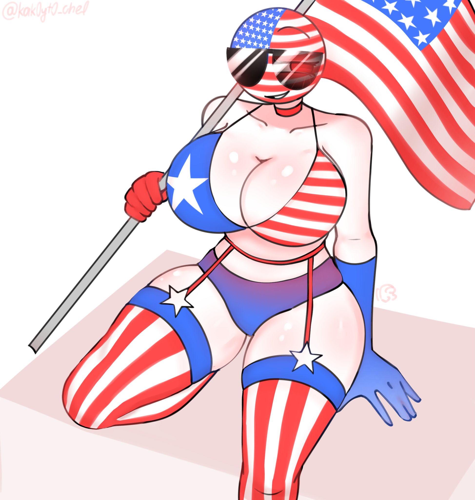 1girls, 4th of july, american flag, american flag bikini, amogus, among us reference, ass, big ass, big breasts, bikini, breasts, countryhumans, countryhumans girl, female, female only, glasses, kak0yt0 chel, looking at viewer, red eyes, sitting, smile, solo, sunglasses, united states of america (countryhumans), wearing self-branded clothing