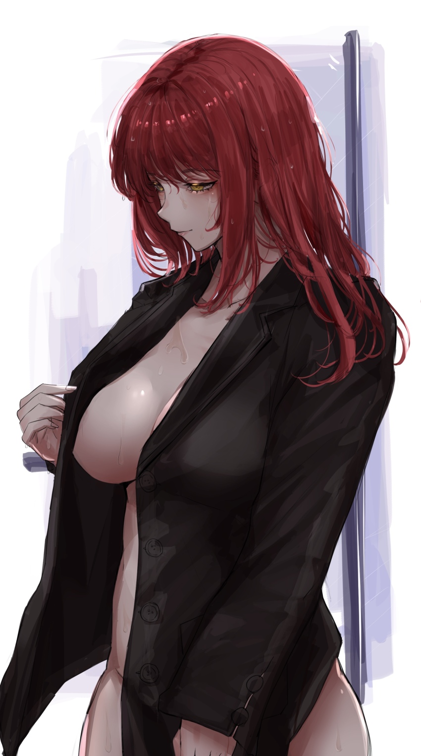 absurdres, ass, big ass, big breasts, black jacket, breasts, chainsaw man, cleavage, closed mouth, collarbone, commentary request, control devil, female, female focus, female only, highres, hips, hips wider than shoulders, huge breasts, jacket, jacket only, large breasts, long hair, looking down, makima (chainsaw man), mommy, mommy makima, naked under jacket, naked underneath, open clothes, open jacket, red hair, side view, sideboob, sif221, simple background, small smile, smile, solo, thick ass, thick thighs, thighs, thinking, wet, wet hair, yellow eyes