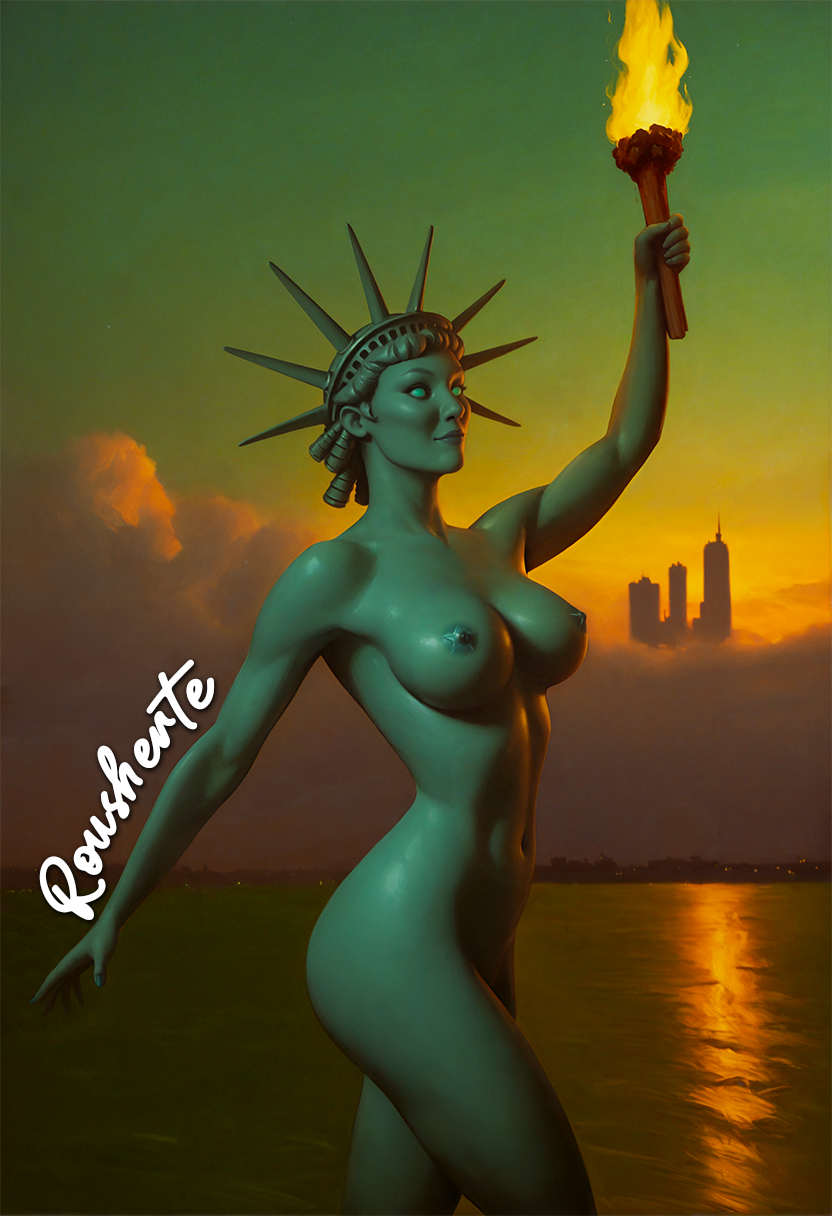 1girls ai_generated bay big_breasts colored_skin commission empty_eyes female hand_up hat_only holding_object holding_torch navel pinup posing rousherte self_upload solo_female star_nipples statue_of_liberty sunset tagme