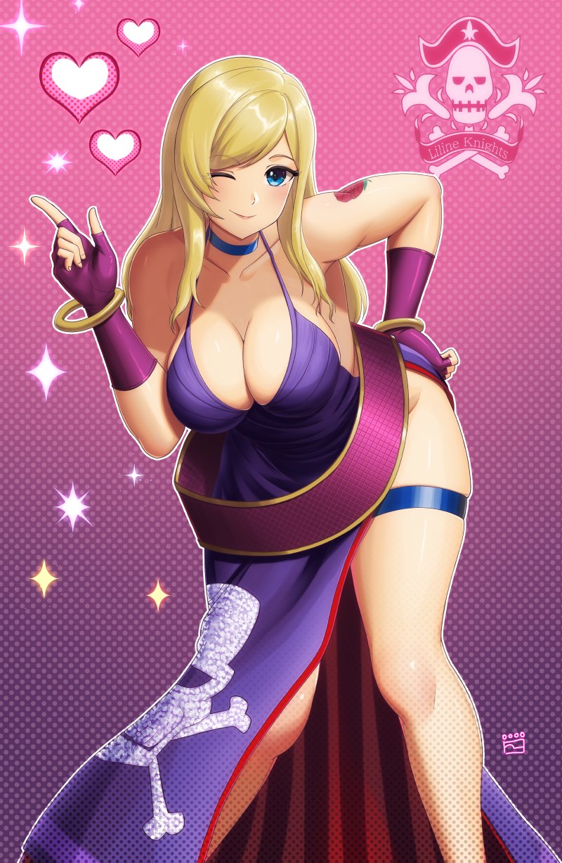 1girls, arched back, arm tattoo, armwear, b. jenet, bare legs, belt, bent over, big breasts, bimbo, blonde hair, blue eyes, bracelets, breasts, busty, choker, cleavage, clothed, clothing, collar, cute, fatal fury, fatal fury: city of the wolves, female, female focus, female only, finalcake, fingerless gloves, front view, gloves, hand on hip, heart, heart symbol, hearts around head, hi res, high resolution, highres, hourglass figure, jewelry, king of fighters, kof, large breasts, light skin, light-skinned female, lips, lipstick, long dress, long hair, long legs, looking at viewer, makeup, one eye closed, pale skin, pale-skinned female, pink lips, pink lipstick, pinup, pose, posing, purple gloves, rose tattoo, skimpy, skimpy clothes, skimpy dress, sleeveless dress, snk, solo, solo female, solo focus, tattoo, the king of fighters, thick thighs, thigh band, thighband, thighs, thunder thighs, very high resolution, voluptuous, voluptuous female, wink, winking, winking at viewer, yellow hair