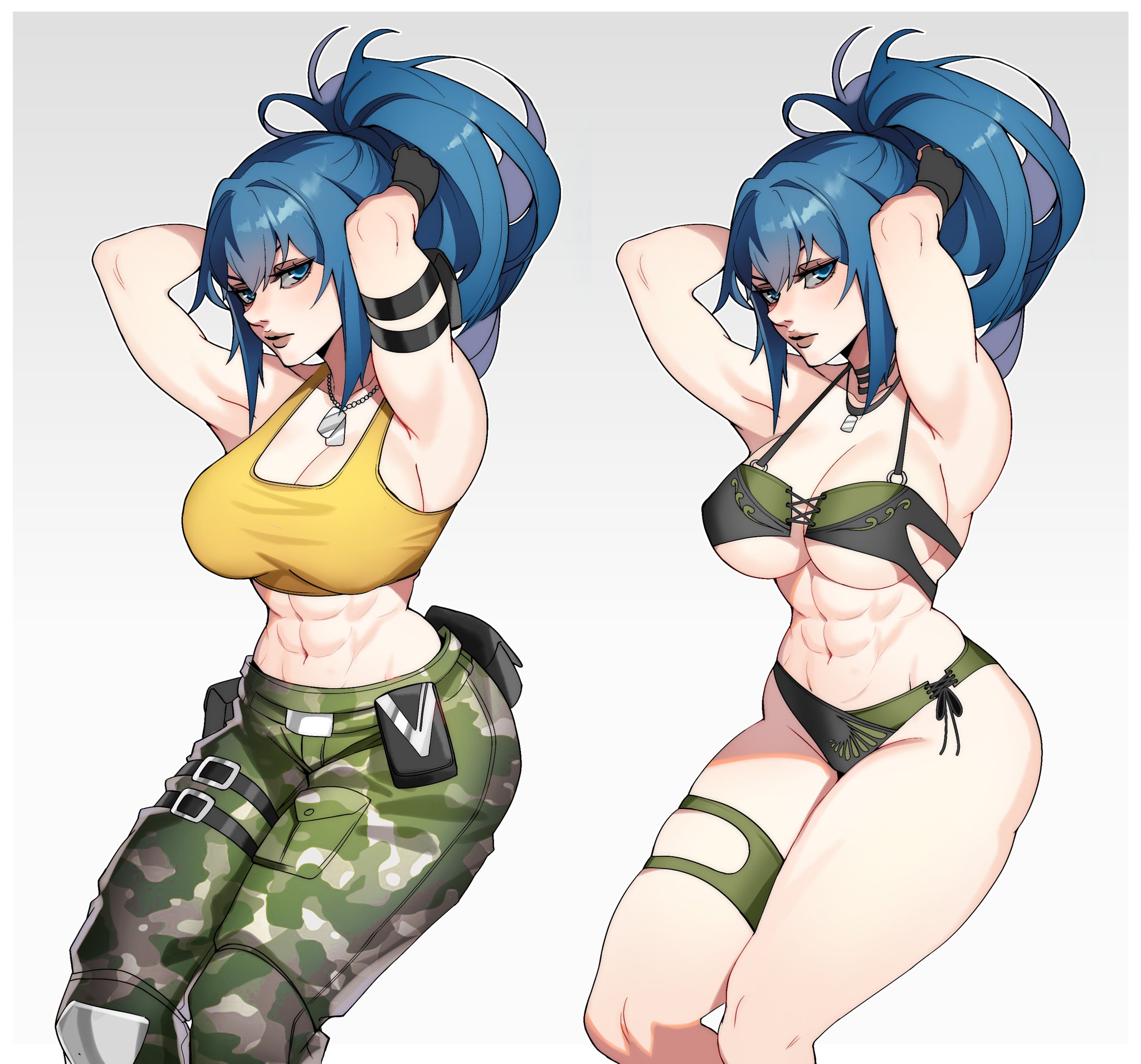 1girls, abs, amazon, arm band, armband, armpits, armwear, bbw, big breasts, bikini, bikini bottom, bikini top, black gloves, blue eyes, blue hair, bra, breasts, busty, child bearing hips, cleavage, collar, dog tags, female, female focus, female only, fingerless gloves, gloves, green bikini, green bikini top, green panties, green swimsuit, hi res, high resolution, highres, hips, hourglass figure, ikari warriors, jewelry, king of fighters, king of fighters xiv, king of fighters xv, kof, large breasts, leona heidern, light skin, light-skinned female, lips, lipstick, long hair, looking at viewer, makeup, messy hair, micro bikini, military, military clothing, military pants, military uniform, muscles, muscular, muscular female, narrowed eyes, necklace, pale skin, pale-skinned female, panties, perky breasts, pink lips, pink lipstick, pinup, ponytail, skimpy, skimpy bikini, skimpy clothes, snk, snk heroines: tag team frenzy, solo, solo female, solo focus, sports bra, swimsuit, the king of fighters, thick thighs, thigh band, thighband, thighs, toned, toned body, toned female, toned stomach, underboob, very high resolution, voluptuous, voluptuous female, whysoblau, wide hips, yellow bra