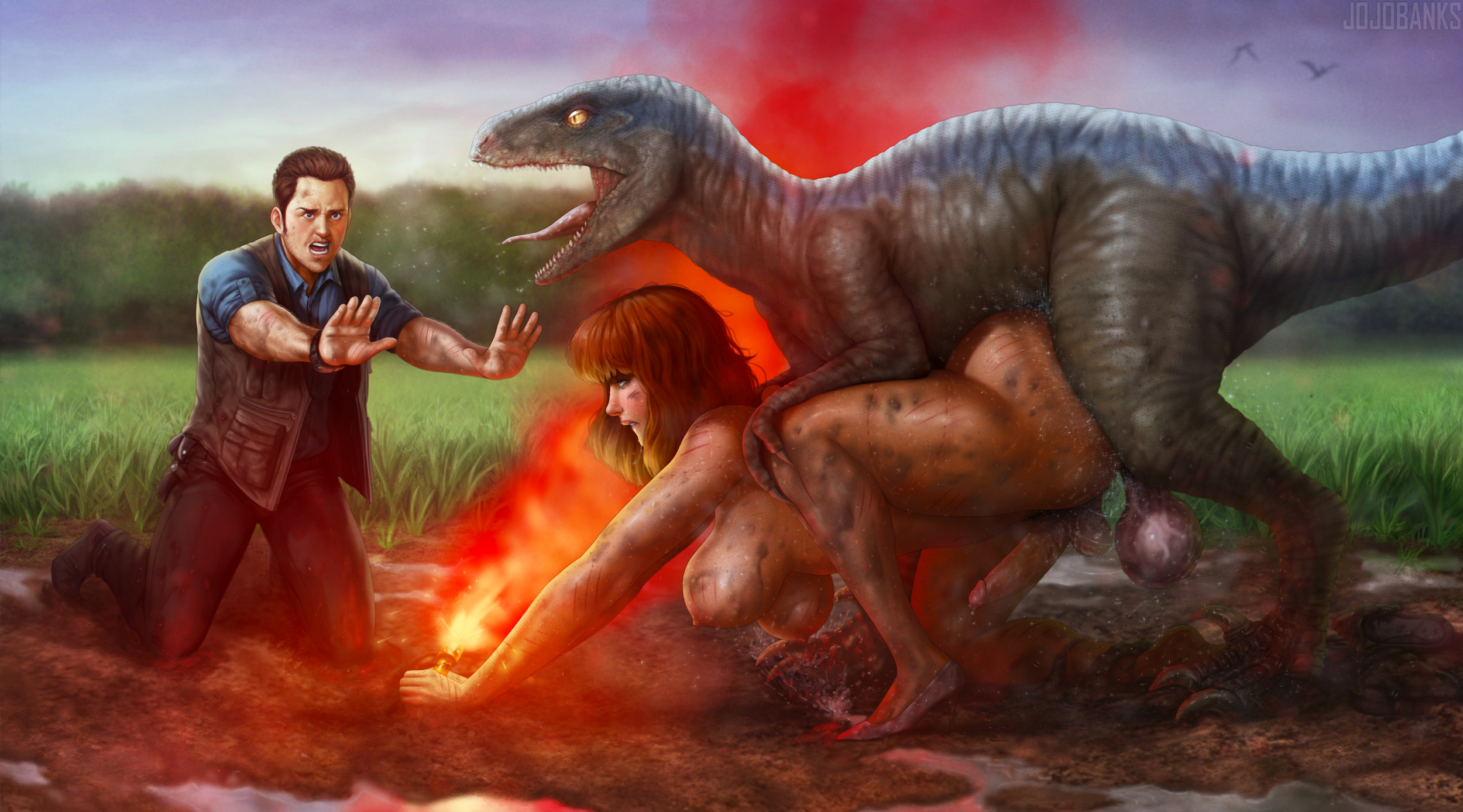1boy, 1futa, ass, balls, bangs, big ass, big balls, big breasts, bite marks, biting lip, blue (jurassic world), blush, breasts, bryce dallas howard, claire dearing, dickgirl, dinophilia, dinosaur, dirt, dirty, doggy style, feral, feral on futa, flare (disambiguation), flies, flies for smell, forced, freckles, freckles on ass, freckles on breasts, freckles on face, freckles on shoulders, futanari, high heels, intersex, jojobanks, jurassic park (franchise), jurassic world, light skin, light-skinned male, lipstick, long penis, male, messy hair, mud, muddy, owen grady, penis, precum, pubic hair, public, public nudity, public sex, red hair, scars, scat, sharp claws, sharp teeth, side view, submissive futa, sweat, sweatdrop, sweating, sweaty, thick, thick ass, thick legs, thick thighs, tongue, tongue out, velociraptor, voluptuous, voluptuous futa, zoophilia