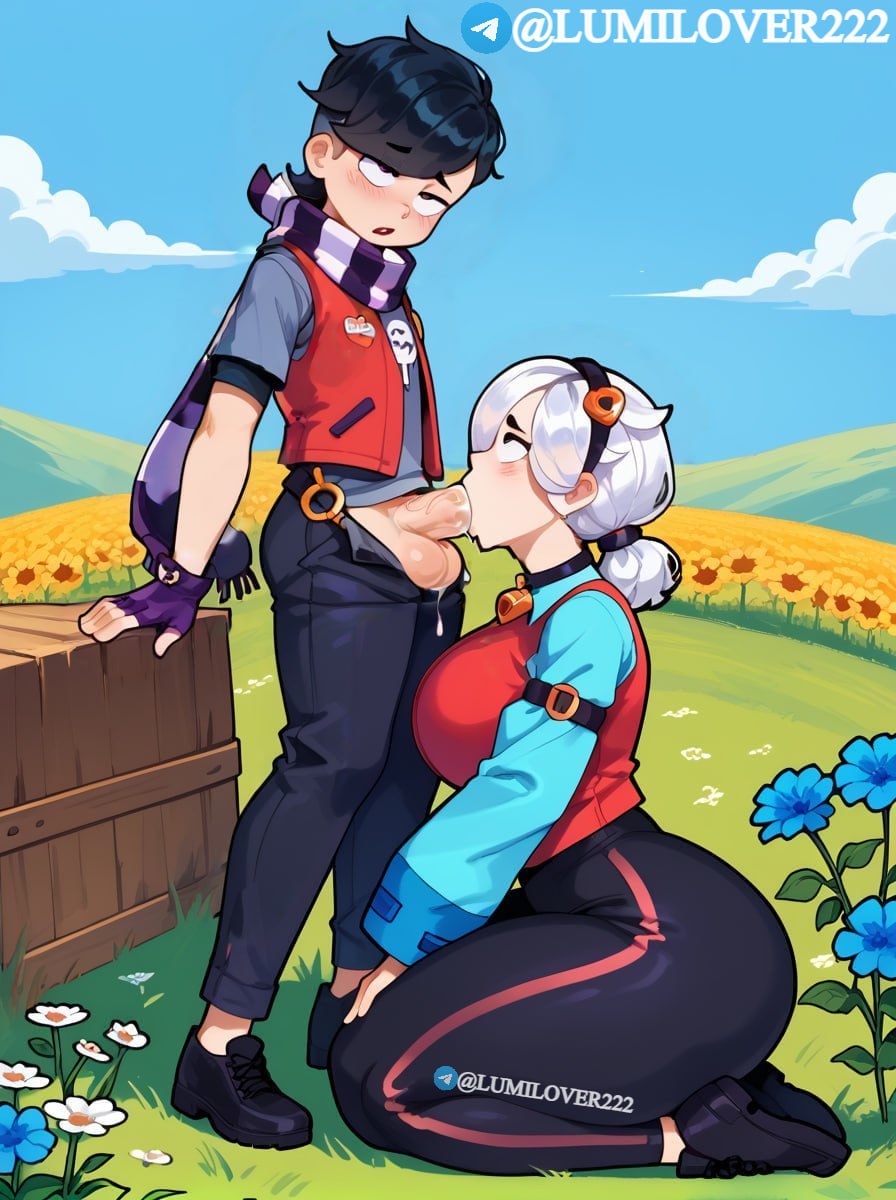 1boy, 1girls, ai generated, blowjob, brawl stars, breasts, colette (brawl stars), cum, edgar (brawl stars), female, lumilover222, male, penis, thighs