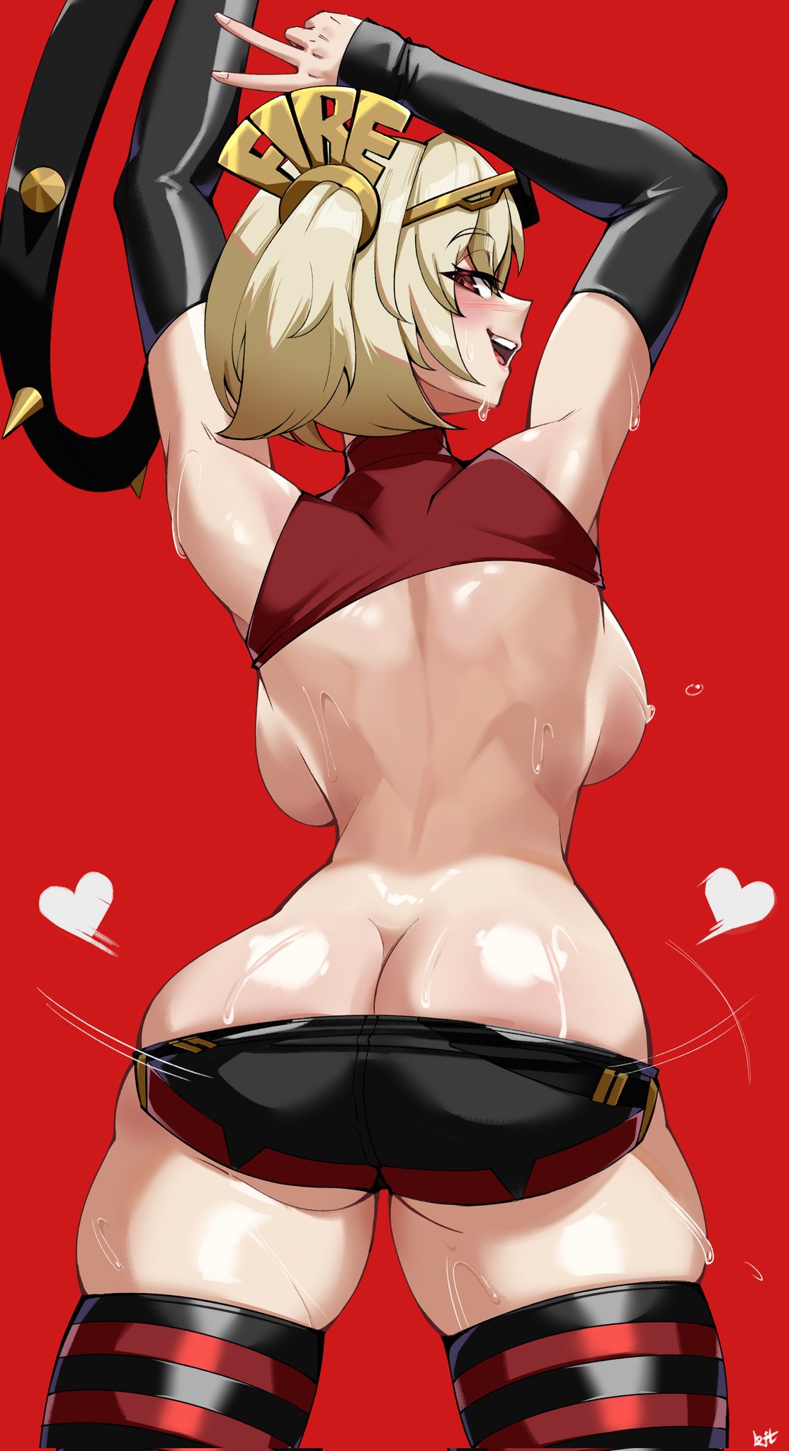 1girls, arms up, armwear, ass, back, back view, backboob, big ass, big breasts, black gloves, blonde hair, breasts, breasts out, burnice white, clarkekitsp, eyewear on head, female, female only, fingerless gloves, hair, hair ornament, heart, huge ass, huge breasts, legwear, looking back, motion lines, panties down, red eyes, smile, solo, solo female, sweat, sweatdrop, thick thighs, thighhighs, thighs, twintails, undressing, zenless zone zero