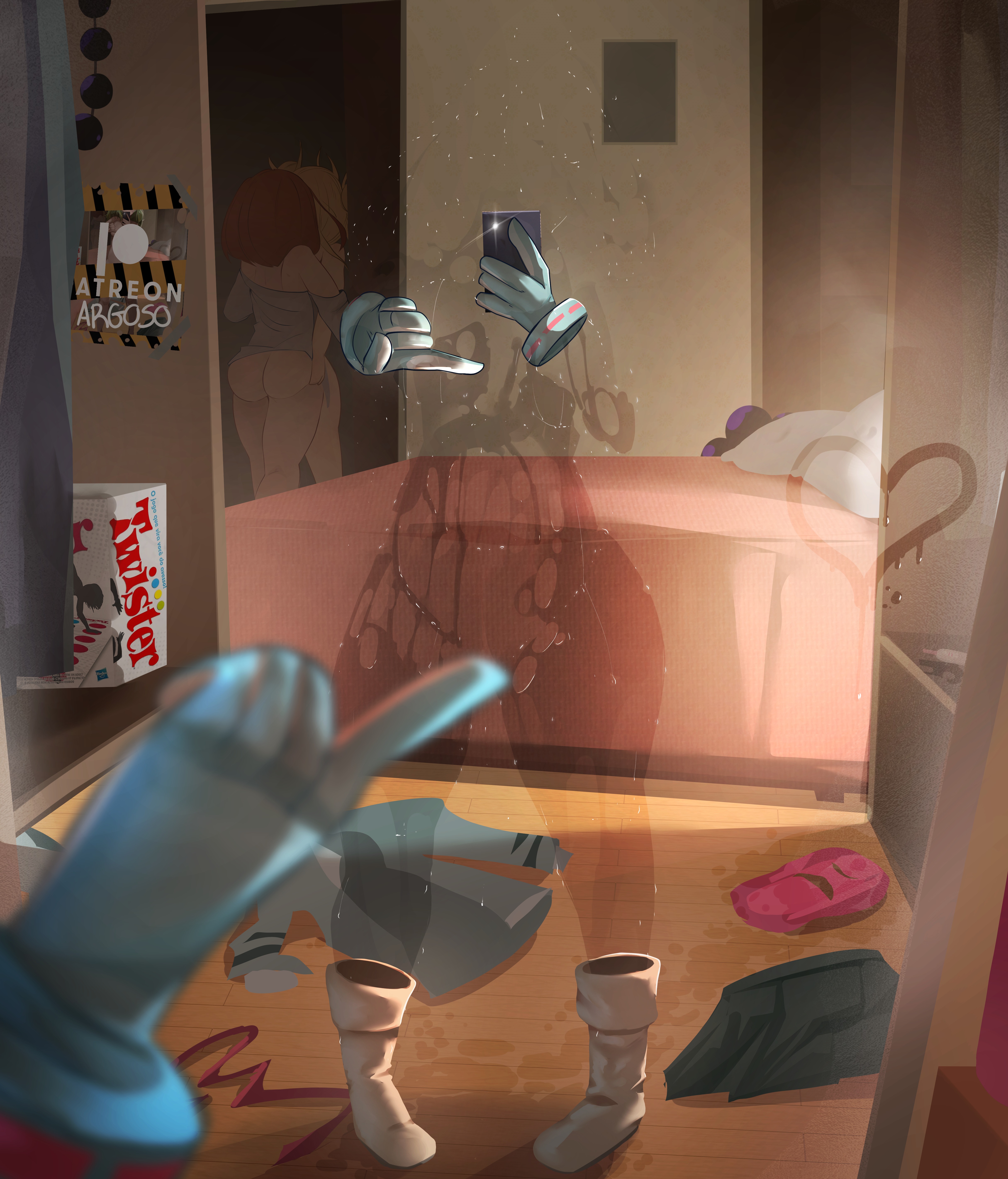 1boy, 2025, 3girls, absurdres, argosornstein, artist name, bed, bedroom, blonde hair, boku no hero academia, boots, brown hair, discarded clothing, electronics, female, footwear, gloves, hagakure tooru, hagakure tooru (invisible), handwear, handwear and footwear only, heart, hiding, highres, himiko toga, human, invisible, kissing, light skin, light-skinned female, male, mineta minoru, minoru mineta, mirror reflection, mirror selfie, my hero academia, nude, nude female, ochako uraraka, one finger selfie challenge, pale skin, phone, pillow, pussy, pussy juice, selfie, skirt, solo focus, sweat, sweaty, thick thighs, toga himiko, tooru hagakure, tooru hagakure (invisible), twister, uraraka ochako, watermark, wet floor, wide hips, yuri