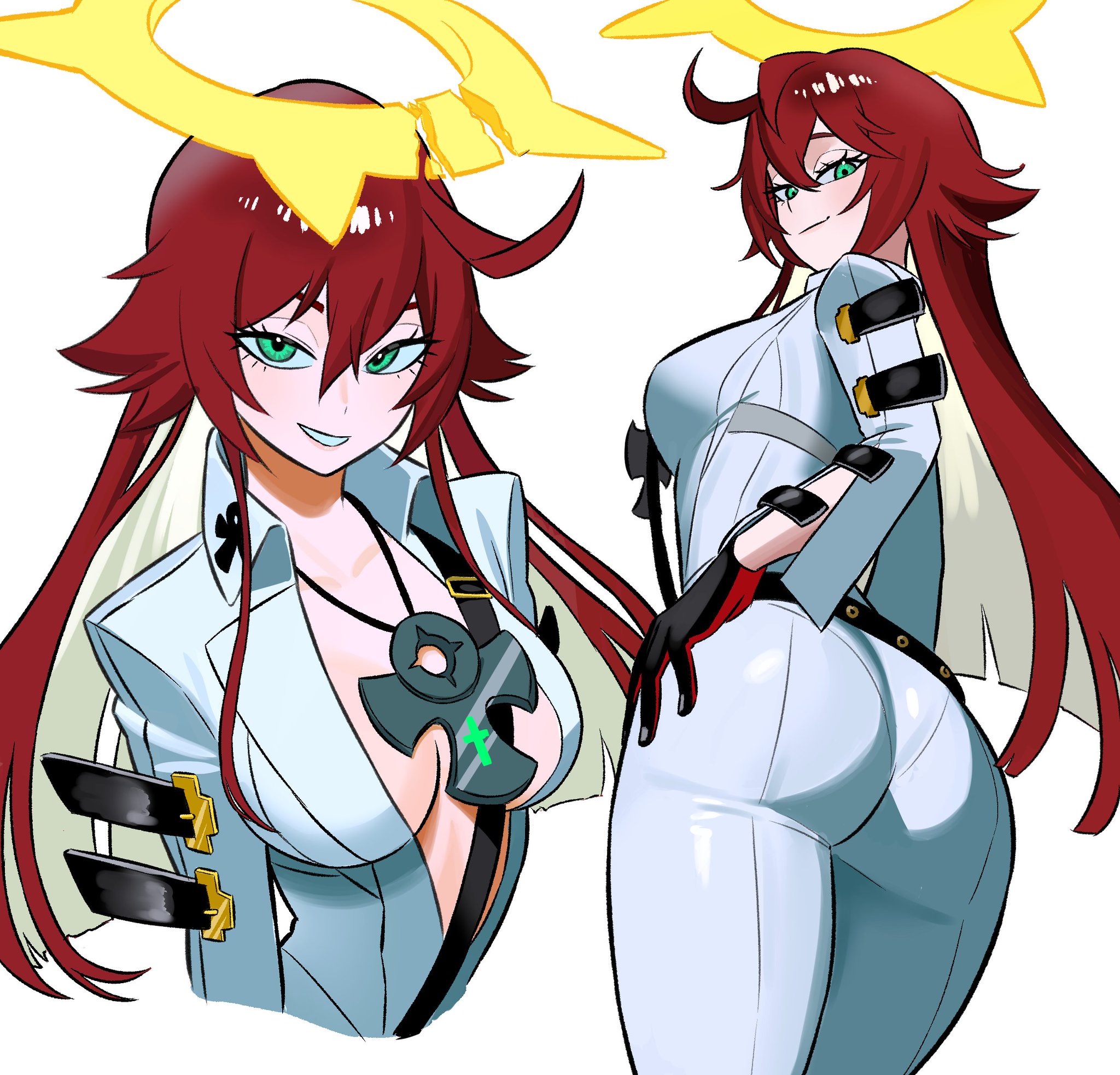 1girls, absurdres, ahoge, ass, ass focus, belt, black gloves, bodysuit, breasts, cleavage, closed mouth, collar, collarbone, cross, cross necklace, female, gloves, green eyes, guilty, guilty gear, guilty gear strive, halo, highres, jack-o' valentine, jewelry, large breasts, long hair, looking at viewer, multicolored gloves, multicolored hair, multiple views, necklace, open bodysuit, pants, red gloves, red hair, shiny clothes, simple background, skin tight, smile, solo, standing, streaked hair, teeth, thighs, very long hair, white background, white bodysuit, white hair, white pants, zeon (zzeeonn), zeon j
