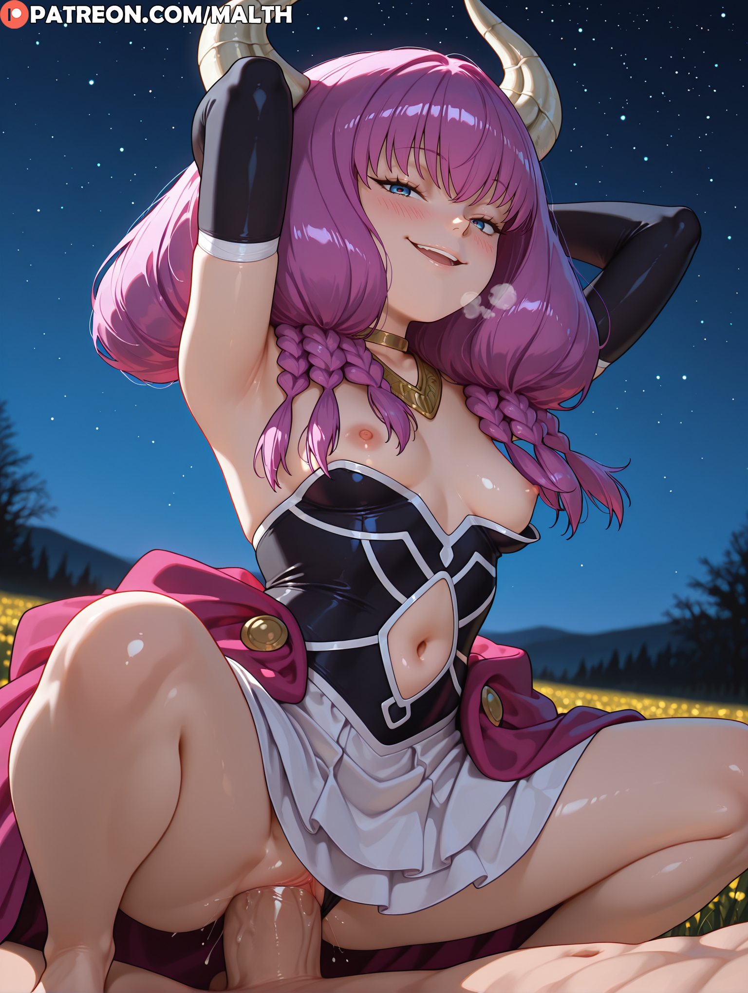 1boy, 1girls, ai generated, arms behind head, aura (sousou no frieren), blush, braid, braided hair, breasts, cowgirl position, dress, female, frieren beyond journey's end, half-closed eyes, heavy breathing, highres, horn, male, malth, moaning, navel, necklace, open mouth, penis, petite, purple hair, pussy, sex, small breasts, sousou no frieren, spread legs, uncensored, vaginal penetration, vaginal sex, wet pussy