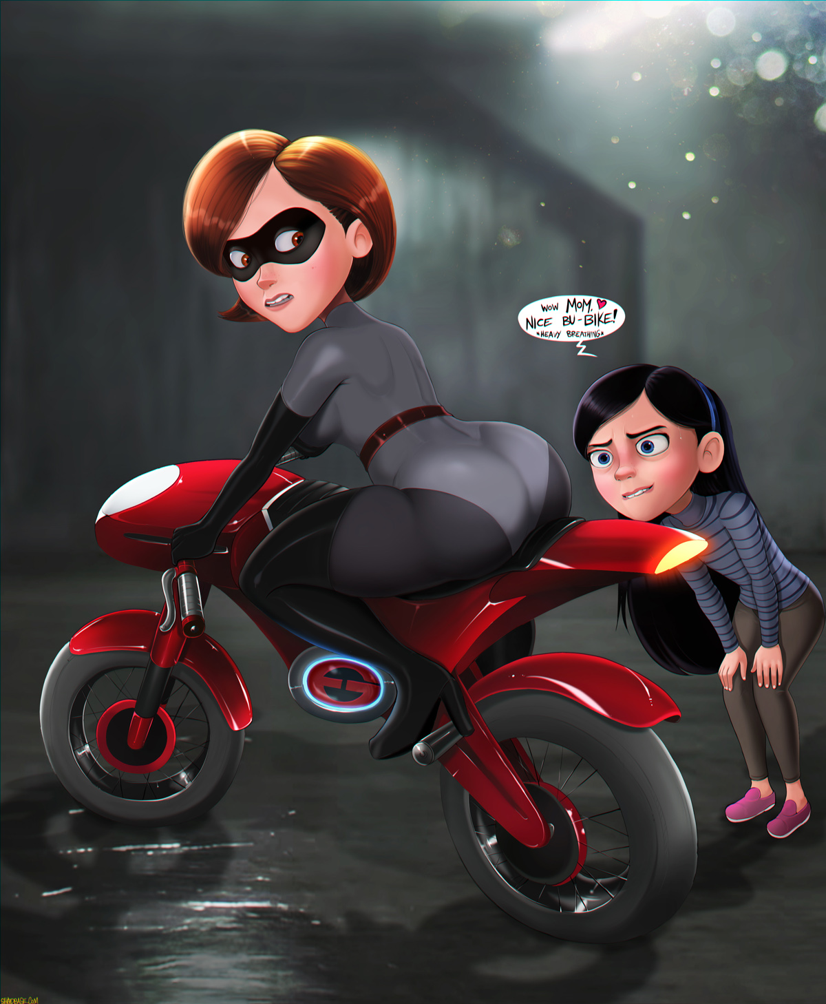 2girls, armwear, ass, bike, biting lip, black hair, blue eyes, bodysuit, boots, brown eyes, brown hair, clothed, clothing, curvy, disney, elastigirl, elastigirl (the incredibles 2 supersuit), eyewear, female, female only, footwear, fully clothed, gloves, handwear, helen parr, incest, legwear, long boots, long gloves, long hair, mask, milf, mother and daughter, motorbike, motorcycle, pixar, shadman, short hair, speech bubble, straight hair, teenager, the incredibles, the incredibles 2, thighhigh boots, thighhighs, tight clothes, violet parr, young, yuri