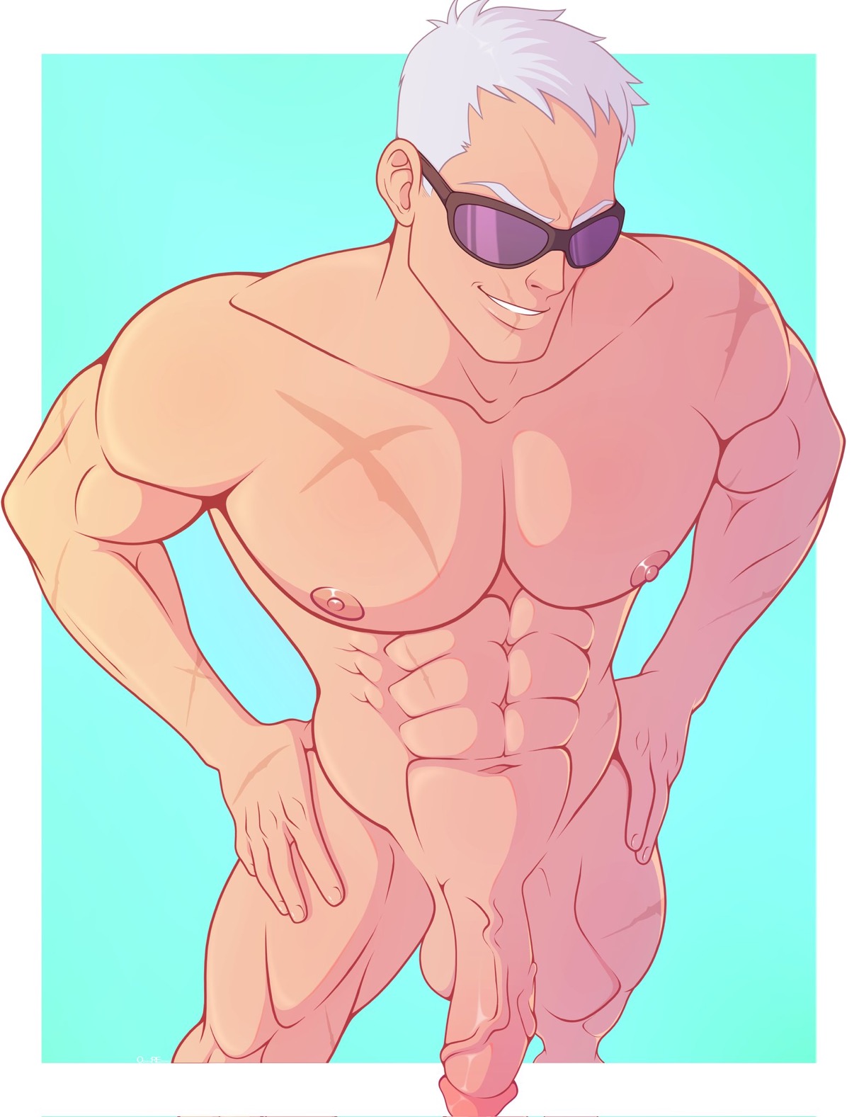 1boy, bara, daddy, dilf, gay, grey hair, hands on hips, male, male only, muscular, muscular male, osaki re born, overwatch, pecs, penis, scar, soldier 76, sunglasses, tagme, veiny penis, white male, yaoi