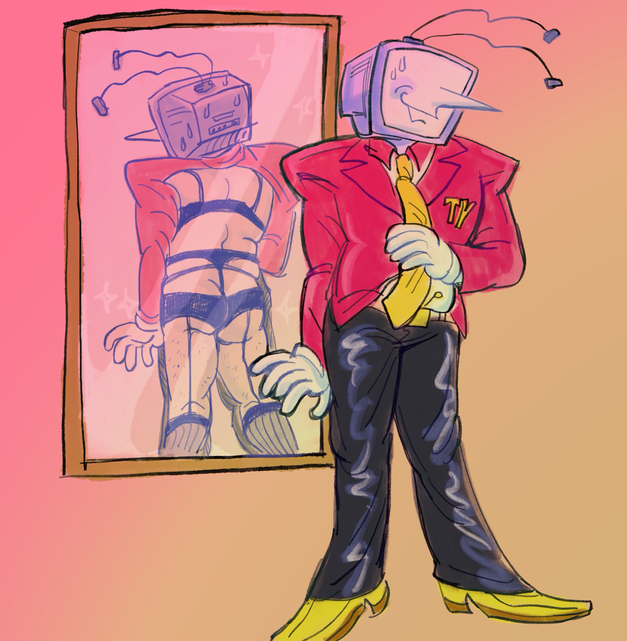1boy, 2025, antennae, clothing, deltarune, deltarune chapter 3, digital drawing (artwork), digital media (artwork), funny, half naked, half-dressed, hi res, high resolution, highres, humor, lingerie, lingerie under clothes, male, male only, meme, meme attire, meme clothing, mirror, mirror reflection, pointy nose, solo, solo male, stockings, suit, suit and tie, tenna (deltarune), tie, tv, tv head, underwear