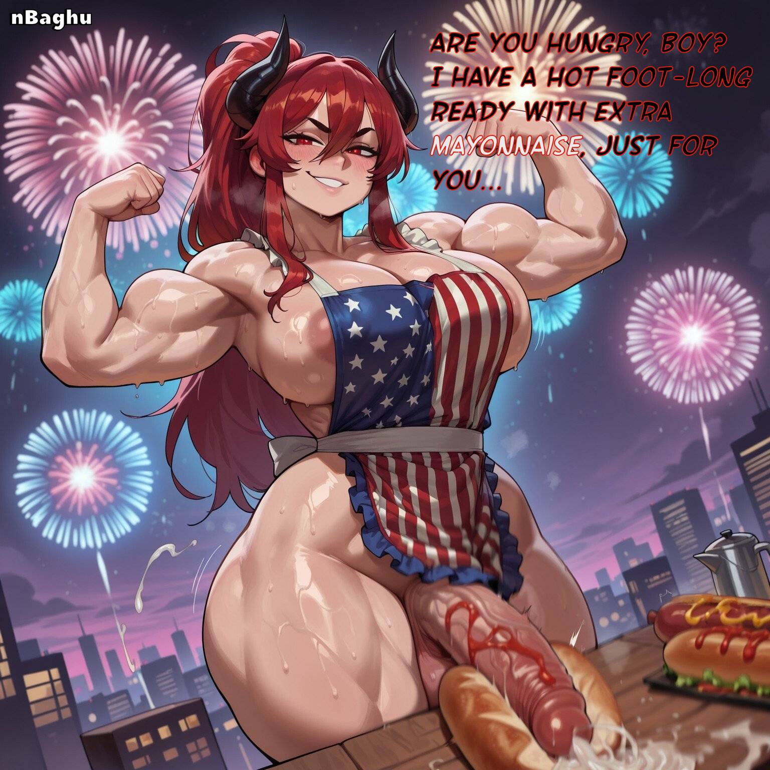 1futa, 4th of july, ai generated, american flag, american flag print, apron, areola slip, armpits, balls, biceps, breasts, cum, cumshot, curvy, demon, demon girl, demon horns, dulce (nbaghu), english, english commentary, english dialogue, english text, female, flexing, food play, futanari, horns, huge cock, intersex, ketchup, large breasts, large penis, long hair, muscular, muscular female, naked apron, nbaghu, original, original character, penis, penis in hot dog bun, projectile cum, red eyes, red hair, sausage, shiny skin, solo, solo futa, sweat, sweaty, testicles, thick penis, thick thighs, thighs, veiny penis, wide hips