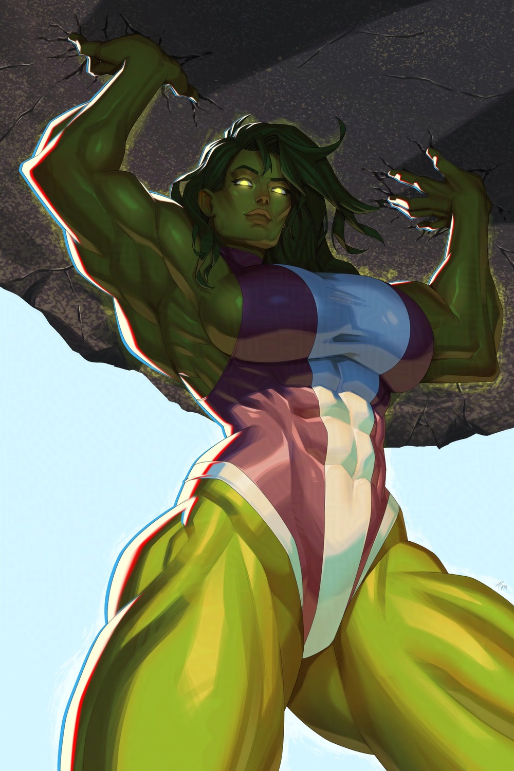 1girls big_breasts busty glowing_eyes green_eyes green_hair green_skin hulk_(series) jennifer_walters leotard lifting marvel marvel_comics muscular muscular_female r62 she-hulk superheroine tight_clothing