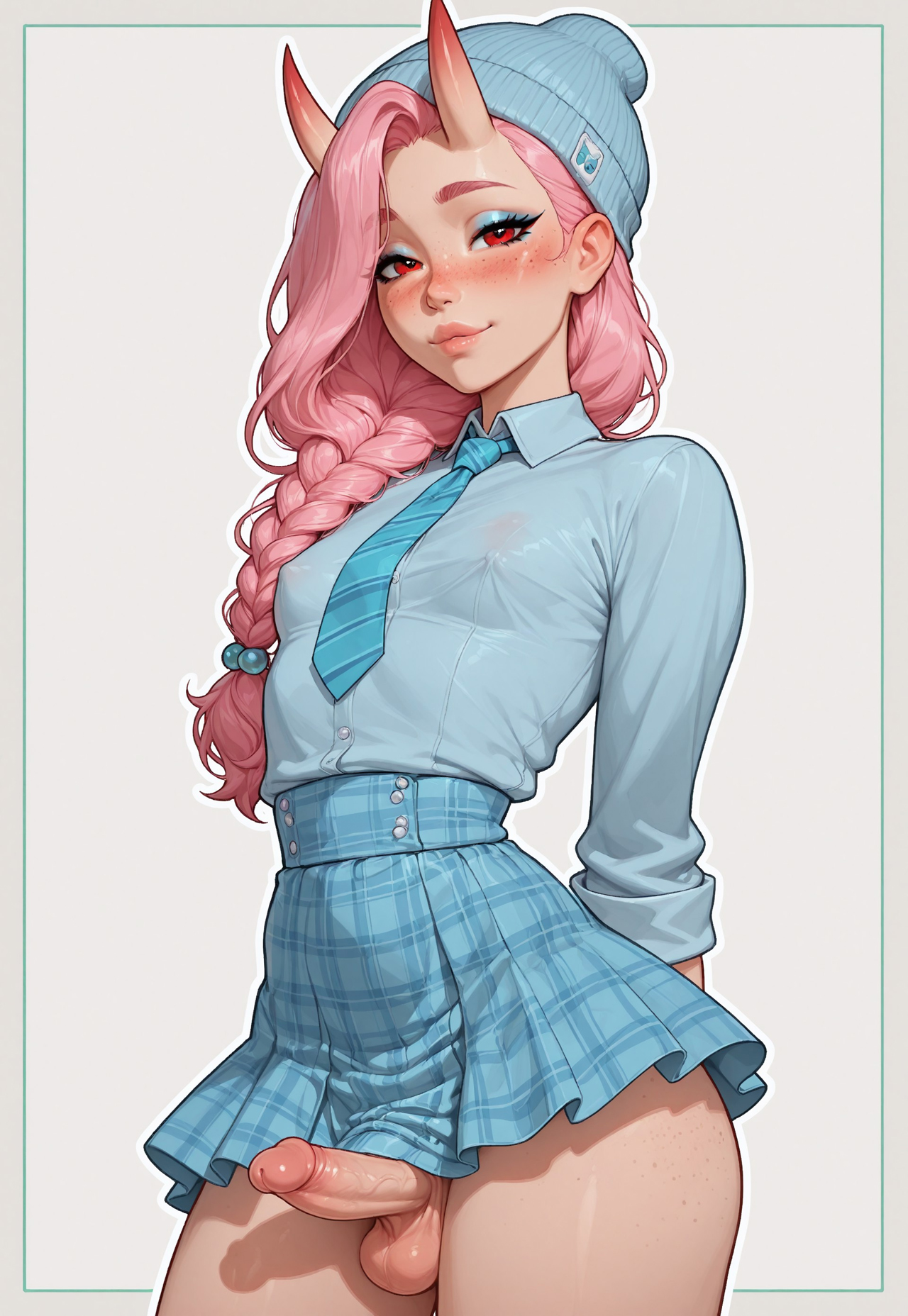 1futa, ai generated, balls, blue beanie, blue skirt, braids, breasts, demon, demon futa, demon girl, dickgirl, female, futanari, intersex, oni horns, penis, perky nipples, pink hair, pinkubus, plated skirt, red eyes, small breasts, stable diffusion, tagme, testicles, white background, white shirt