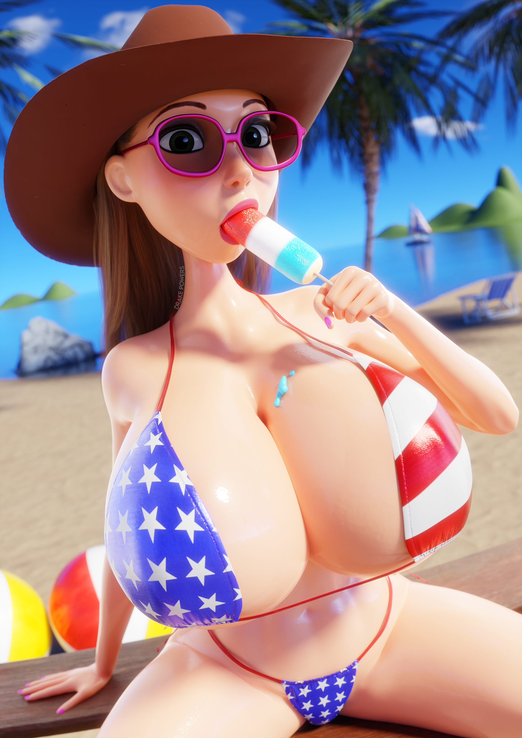 3d, 4th of july, american flag bikini, beach, beach background, beach ball, big breasts, big hero 6, blender, bomb pop, breasts, breasts bigger than head, detailed background, disney, drakepowers, female, holidays, honey lemon, huge breasts, latina, marvel, marvel comics, popsicle, popsicle in mouth, popsicle melting, signature, sweat, text, wet skin