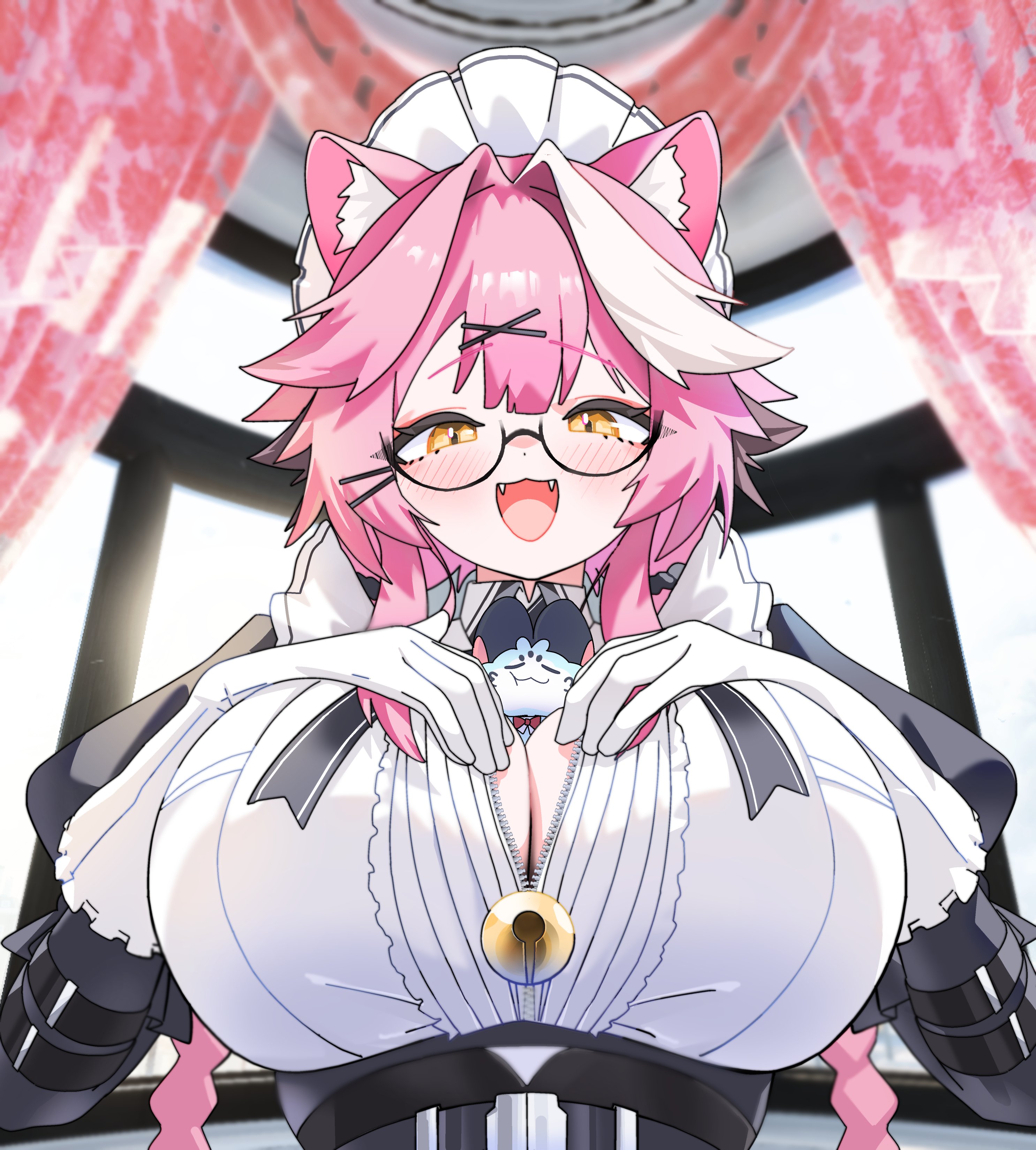absurdres, alternate costume, animal between breasts, animal ear fluff, animal ears, between breasts, black dress, blurry, blurry background, blush, braid, breasts, center frills, chattino (raora panthera), commentary, dot nose, dress, english commentary, fan mascot (vtuber), fangs, female, frills, glasses, gloves, gurumie, hair ornament, hairclip, highres, hololive, hololive english, hololive english -justice-, huge breasts, long hair, looking at viewer, maid, maid headdress, multicolored hair, open mouth, panther ears, panther girl, pink hair, raora panthera, raora panthera (maid), smile, solo, streaked hair, twin braids, twintails, unzipped, virtual youtuber, white dress, white gloves, yellow eyes