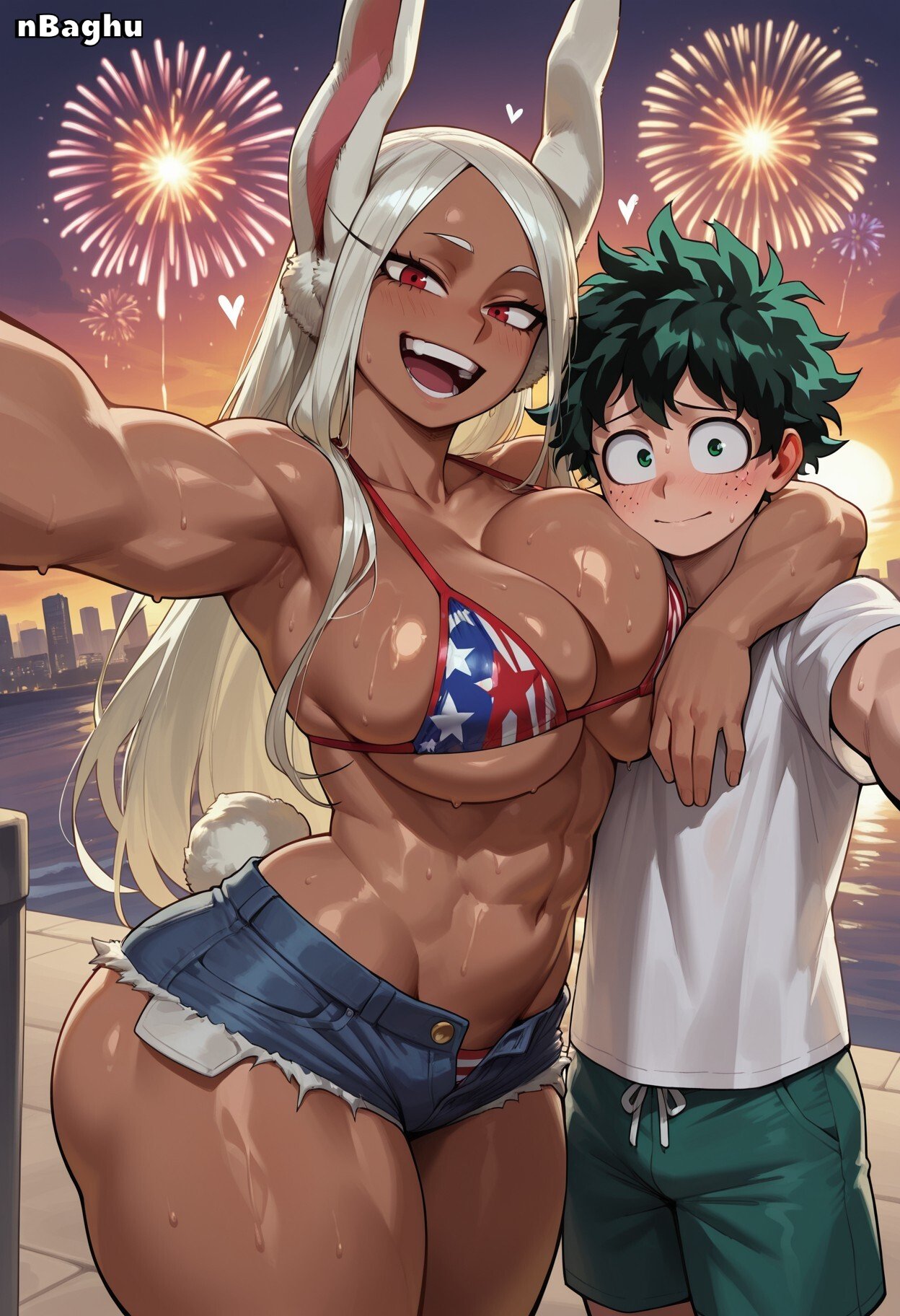 1boy 1boy1girl 1girls 4th_of_july abs ai_generated american_flag_bikini arm_around_neck ass big_ass bigger_female bikini boku_no_hero_academia couple dark-skinned_female dark_skin denim_shorts fireworks green_eyes green_hair happy highres huge_breasts interracial izuku_midoriya large_breasts long_hair miruko muscular muscular_female my_hero_academia nbaghu nervous_male nervous_smile rabbit_ears rabbit_girl rabbit_tail red_eyes rumi_usagiyama selfie shiny_skin short_hair short_shorts shorts size_difference smile taller_girl thick_thighs white_hair white_shirt