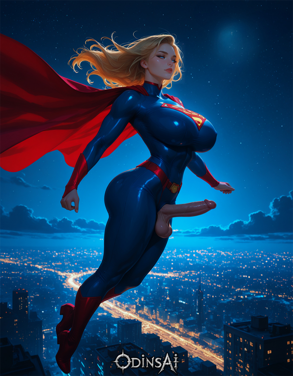 1futa, abs, ai generated, balls, big balls, big breasts, breasts, curvy, dc, dc comics, dickgirl, futa only, futa sans pussy, futanari, intersex, looking at viewer, nipples, nude, odinsai, penis, perfect body, ready to fuck, small waist, smile, solo, supergirl, superman (series), tan skin, testicles