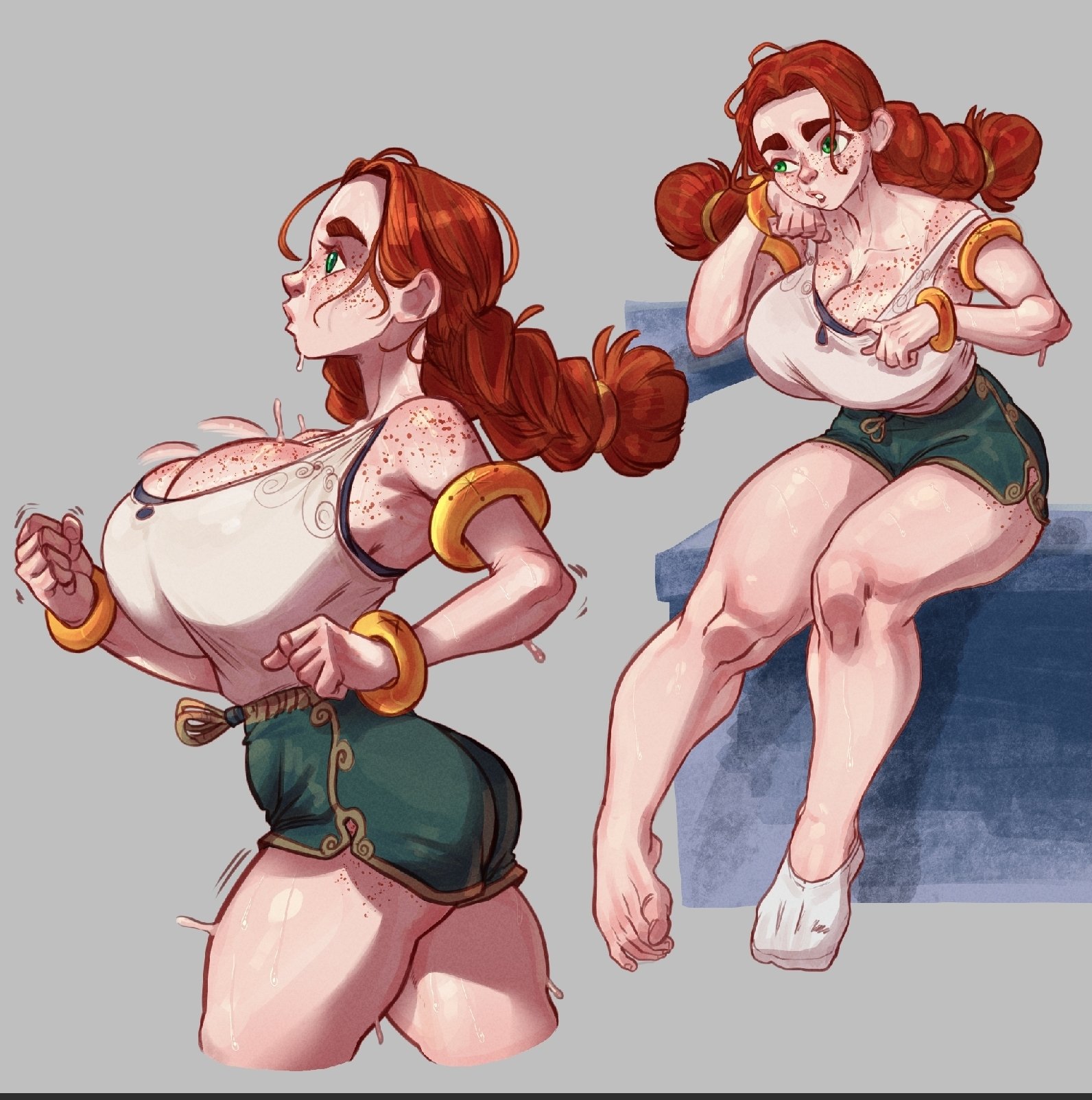 1girls, big eyebrows, bouncing breasts, bracelet, breasts, cleavage, dolphin shorts, eyebrows, female, francesca faraday, freckles, freckles on face, long hair, lukex8a, orange hair, original character, red eyes, red hair, redhead, redhead female, redheaded female, running, shorts, sitting, tank top, twin braids, white tank top