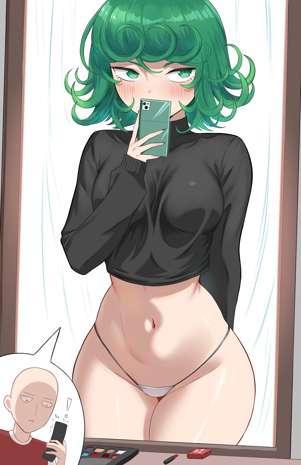 1boy, 1girls, bald, bare thighs, bikini, bikini bottom only, black sweater, blush, breasts, cellphone, commentary, condom box, english commentary, female, flip phone, green eyes, green hair, green nails, green-haired female, highleg panties, highres, holding, holding phone, makeup brush, male, medium breasts, micchan (micchanmeido), micro bikini, midriff, mirror, navel, no pants, one-punch man, panties, phone, reflection, saitama, selfie, short hair, smartphone, string panties, sweater, swimsuit, tatsumaki, text messaging, thick thighs, thong, turtleneck, turtleneck sweater, white bikini, wide hips