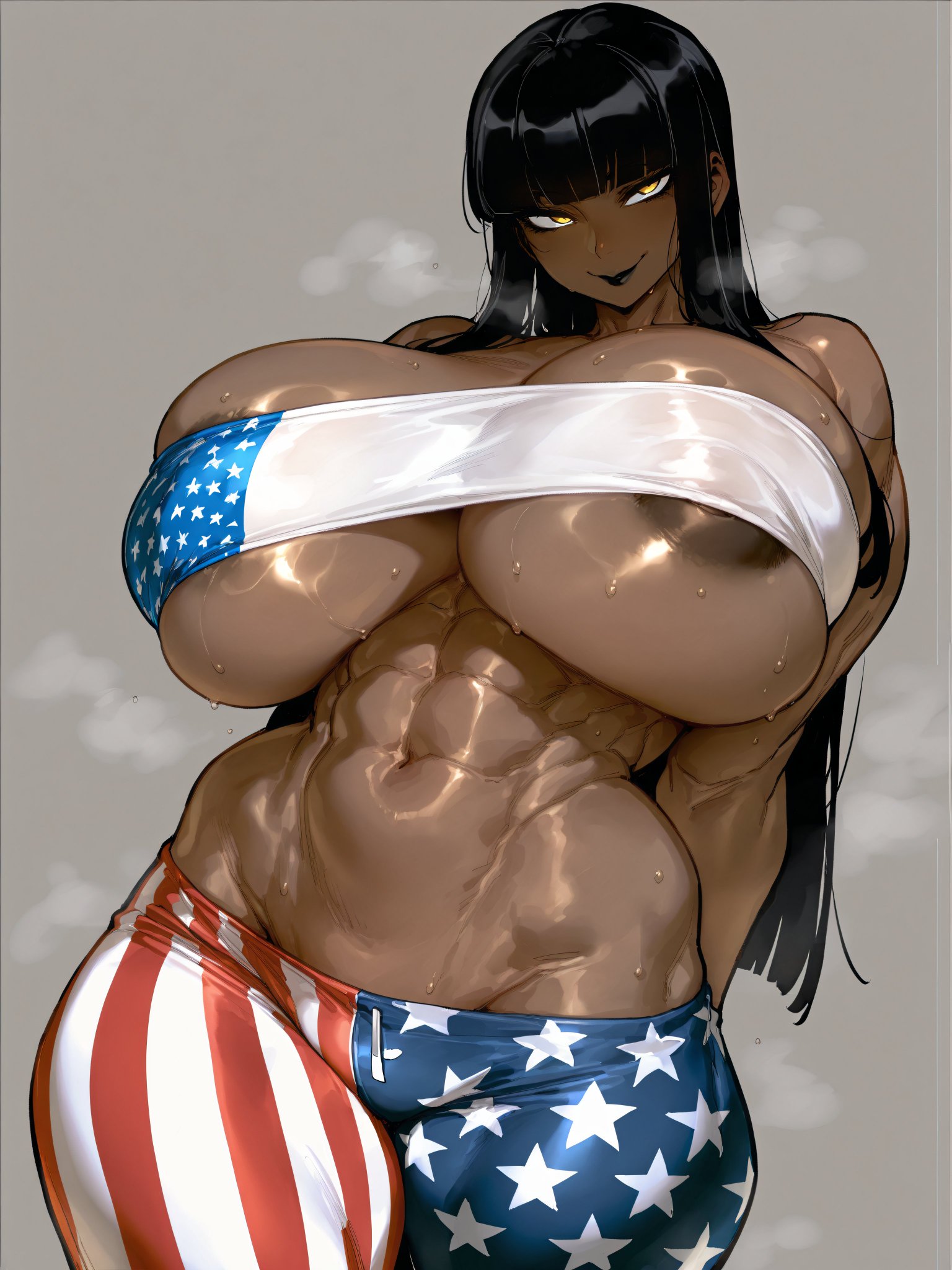 4th of july, ai generated, american flag, american flag bikini, areolae visible through bikini, bandeau, bare thighs, black hair, breasts, dark skin, dark-skinned female, female, gigantic breasts, huge areolae, huge breasts, huge thighs, jean shorts, long hair, looking at viewer, massive breasts, mature female, oatmealdood, oiled body, oiled skin, original, pussy, pussy visible through clothes, smiling, solo female, squatting, sweat, sweatdrop, thick body, thick female, thick thighs, thighs, topless, voluptuous, voluptuous female, yellow eyes