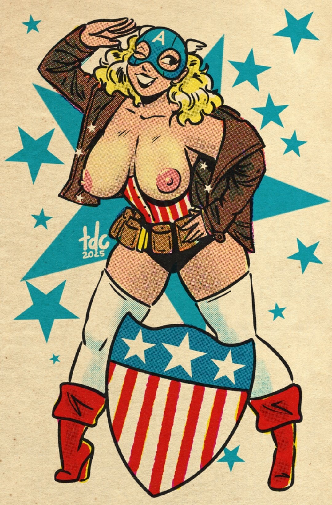 1girls, big breasts, blonde hair, breasts, busty, captain america, female, genderswap (mtf), hand on hip, jacket, light skin, light-skinned female, marvel, marvel comics, naked breasts, rule 63, salute, stars, thedarkcartoon, thighhighs, topless, wink