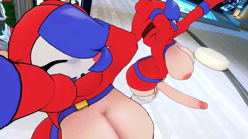 1futa, 3d, areolae, ass, big ass, big breasts, big penis, blue hair, breasts, clothed, clothed male nude male, edit, futanari, intersex, inverted nipples, male, mirror, mirror reflection, mirror selfie, penis, red dress, self upload, selfie, shy gal, shygal (cryptiacurves), smile, solo futa, super mario bros., vrchat