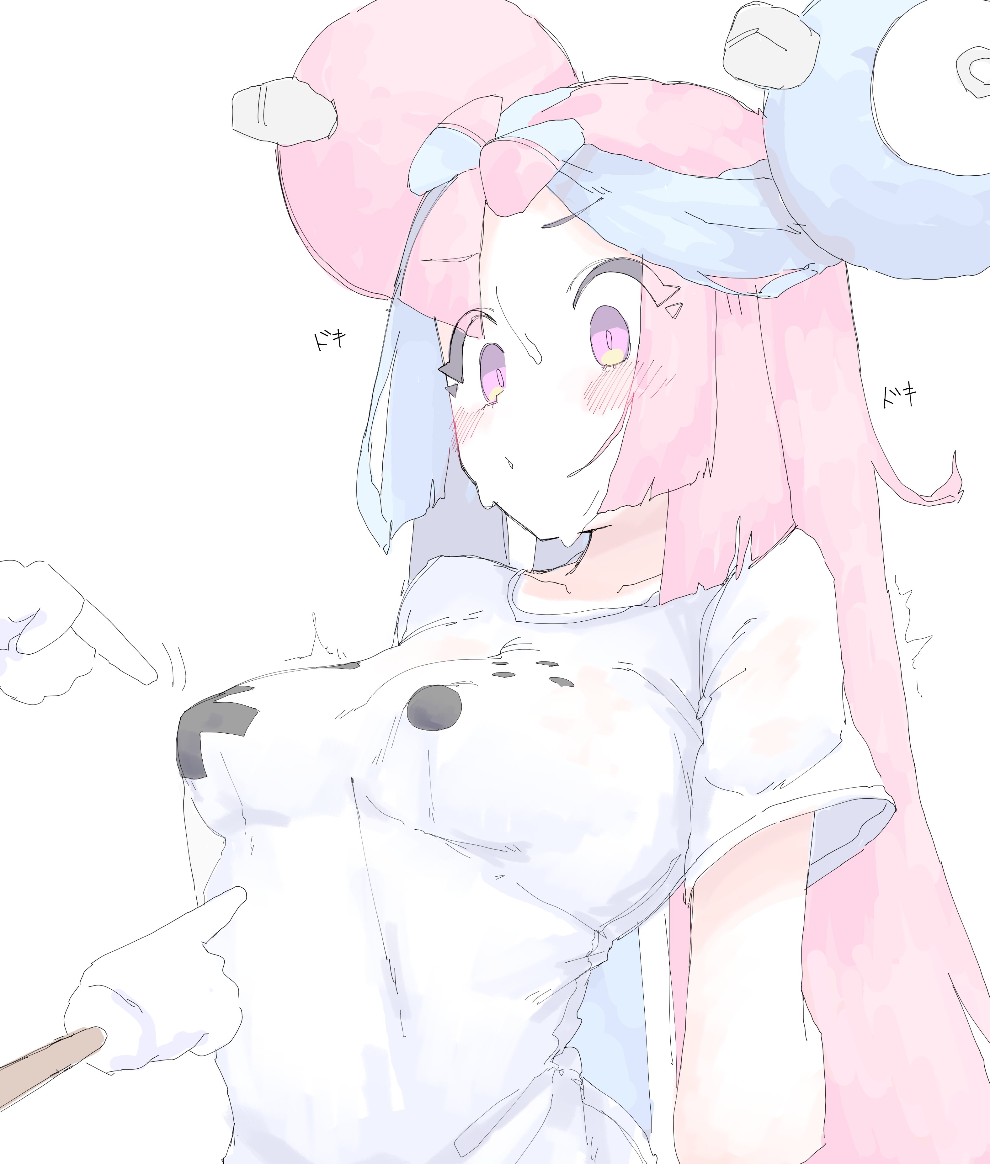 blue hair, blush, breasts, controller shirt, erect nipples, female, female only, iono (pokemon), looking at another, magnemite, mocaht8, pink eyes, pink hair, pokemon, poking, shirt, sweat, tagme, text