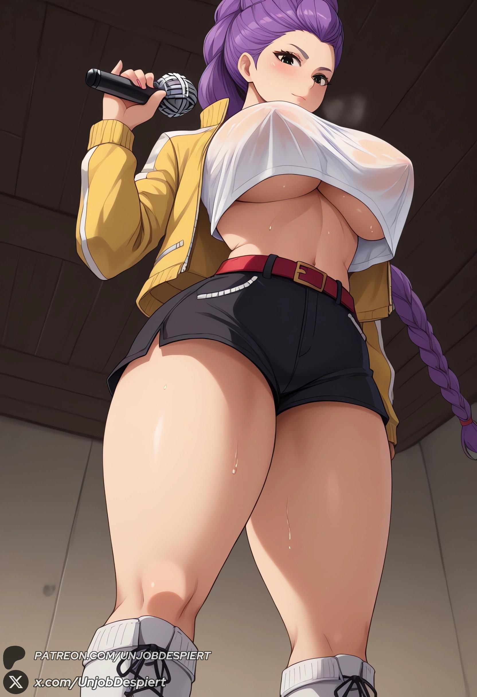 1girls, 2025, ai generated, artist name, ass, big ass, big breasts, breasts, brown hair, curvy, female, female only, hi res, high quality, high resolution, highres, huge ass, huge breasts, kpop demon hunters, looking at viewer, patreon, patreon username, purple hair, rumi (kpop demon hunters), unjobdespiert, viewed from below, watermark