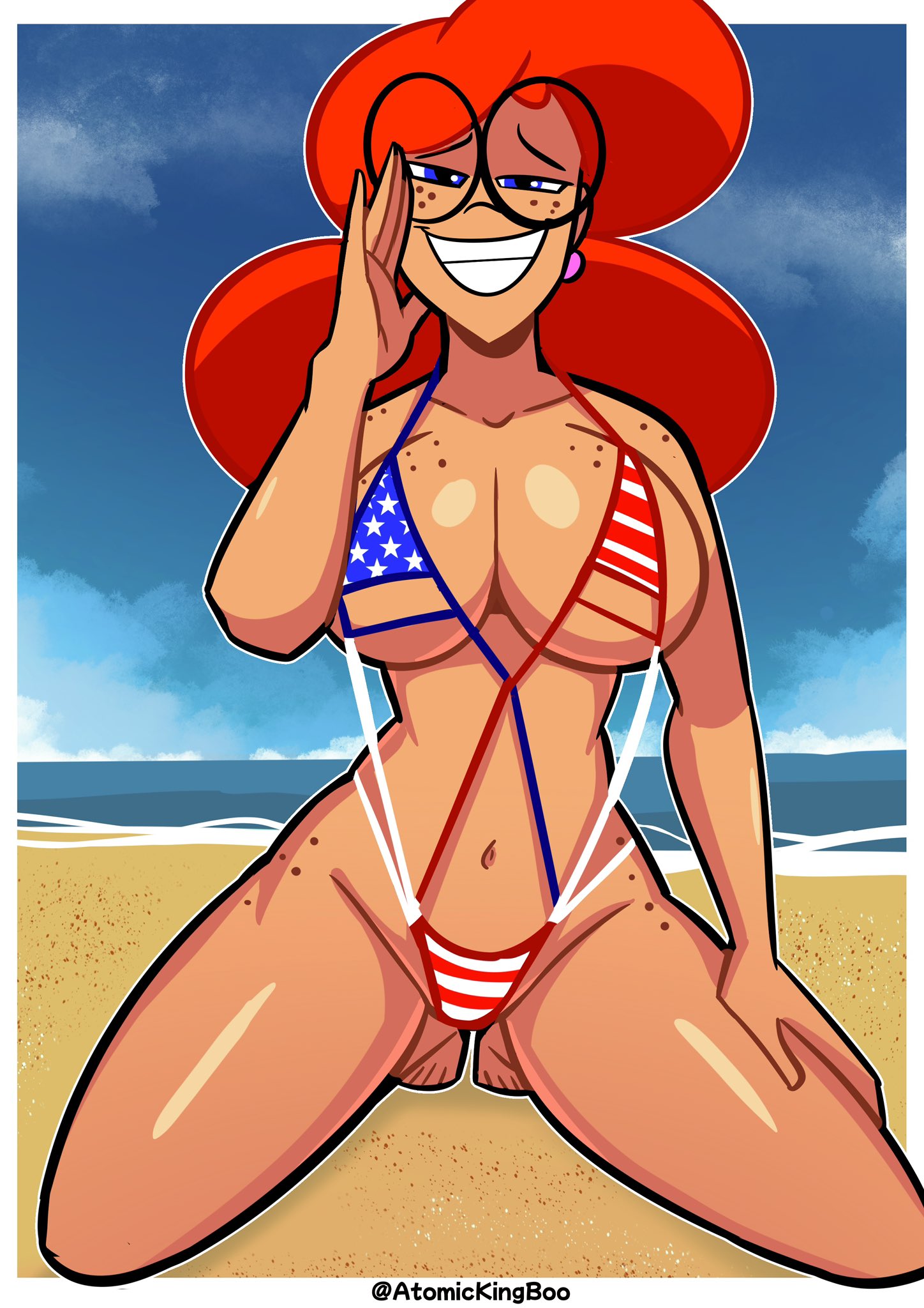 1girls, 2025, 4th of july, adjusting glasses, american flag, american flag bikini, artist name, ass, atomickingboo, beach, big ass, big breasts, bikini, breasts, english, english text, female, female focus, female only, freckled face, freckles, freckles on breasts, freckles on face, freckles on shoulders, freckles on thighs, ginger, ginger hair, glasses, kneeling, light skin, light-skinned female, mostly nude, mostly nude female, nude, nude female, oc, on knees, orange hair, orange-haired female, original, original character, signature, solo, solo female, solo focus, terra mandrile, text, the besties (atomickingboo), thick thighs, thighs