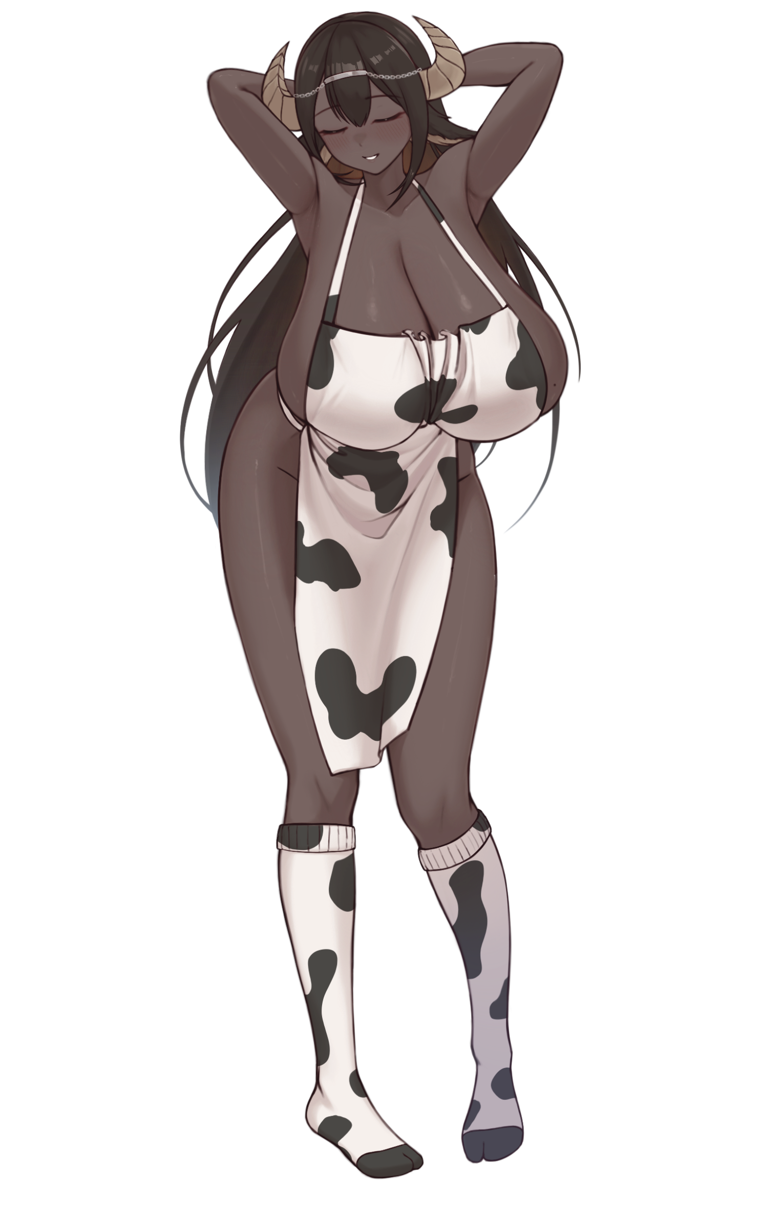 1girls, arms behind head, b project 18, black hair, breasts, closed eyes, cow print, cow print apron, cow print socks, dark skin, dark-skinned female, female, female only, horns, large breasts, naked apron, smile, socks, solo