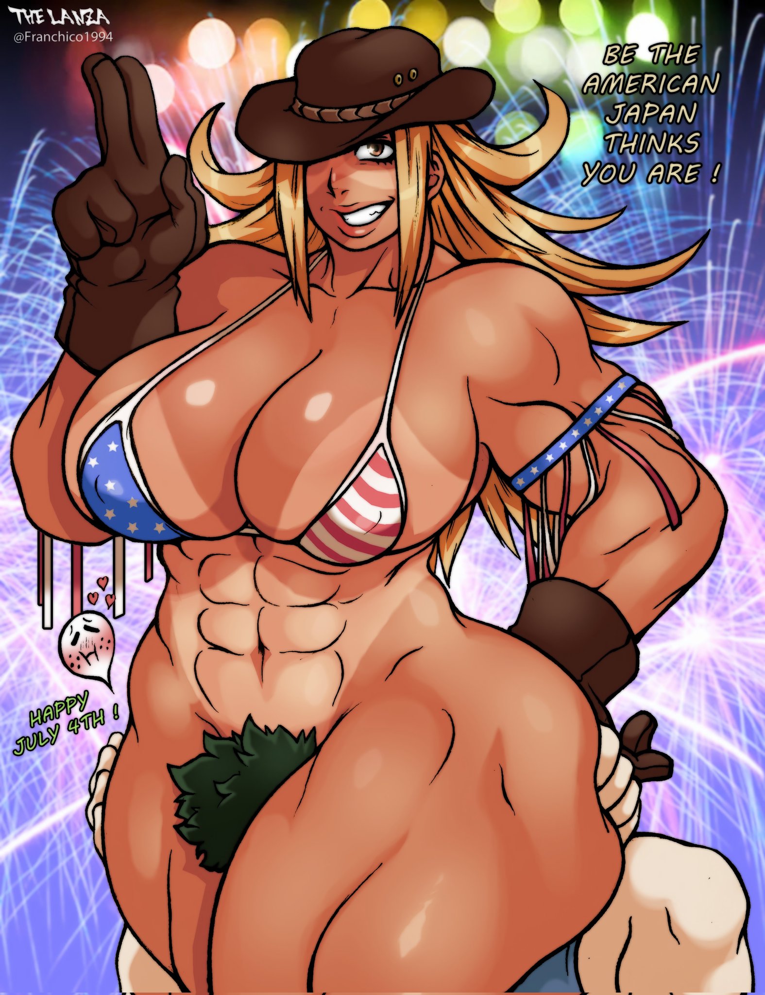 4th of july, american flag bikini, cathleen bate, dark-skinned female, female, femdom, franchico1994, hat, head between thighs, izuku midoriya, male, muscular, muscular female, muscular thighs, my hero academia, signature, star and stripe (my hero academia), stars and stripes, text