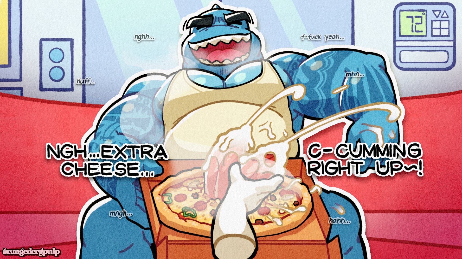 2 penises, anon, anonymous character, anthro, artist request, cartoon network, cum, cum drip, cum on food, cum on pizza, dc, dc comics, diphallia, diphallism, handjob, king shark, male, male only, masturbation, multi genitalia, multi penis, muscular, muscular male, penis, penis in pizza box, penis on pizza, pizza, pizza box, shark, solo focus, teen titans, teen titans go, y/n
