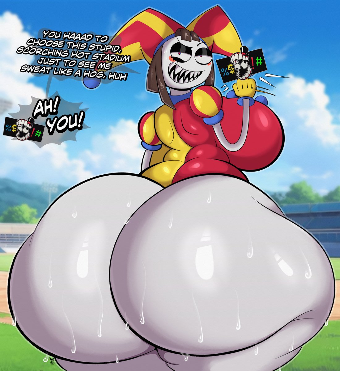 1girls, ass, ass bigger than head, ass bigger than torso, big ass, bottom heavy, brown hair, clothing, dialogue, evil pomni (the amazing digital circus), fat ass, female, female only, gluteal fold, huge ass, hyper, hyper ass, jester, jester hat, large ass, looking at viewer, looking back, massive ass, middle finger, mrxrickyx, outdoors, sharp teeth, solo, sweat, sweatdrop, sweaty ass, sweaty body, talking to viewer, text, the amazing digital circus, thick ass, thick thighs, thunder thighs, wide hips