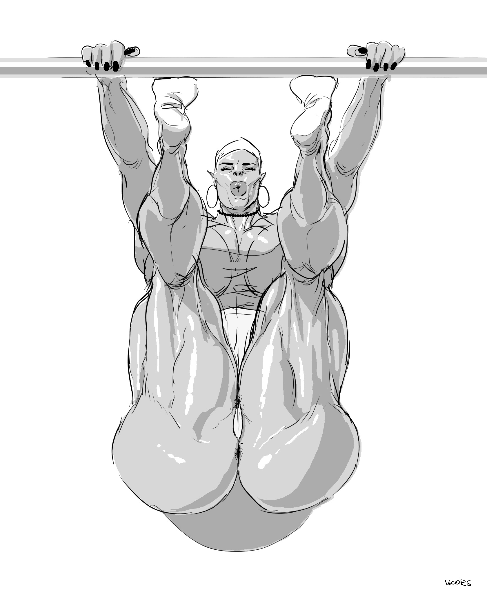 ass, big ass, big butt, black nails, breasts, calves, earrings, exercise, female, female only, greyscale, hairy anus, hoop earrings, huge breasts, mature female, monochrome, muscles, muscular, muscular female, naked, naked female, nude, nude female, orc, orc female, pubic hair, sketch, soles, solo, solo female, thick thighs, thighs, vkorg, working out