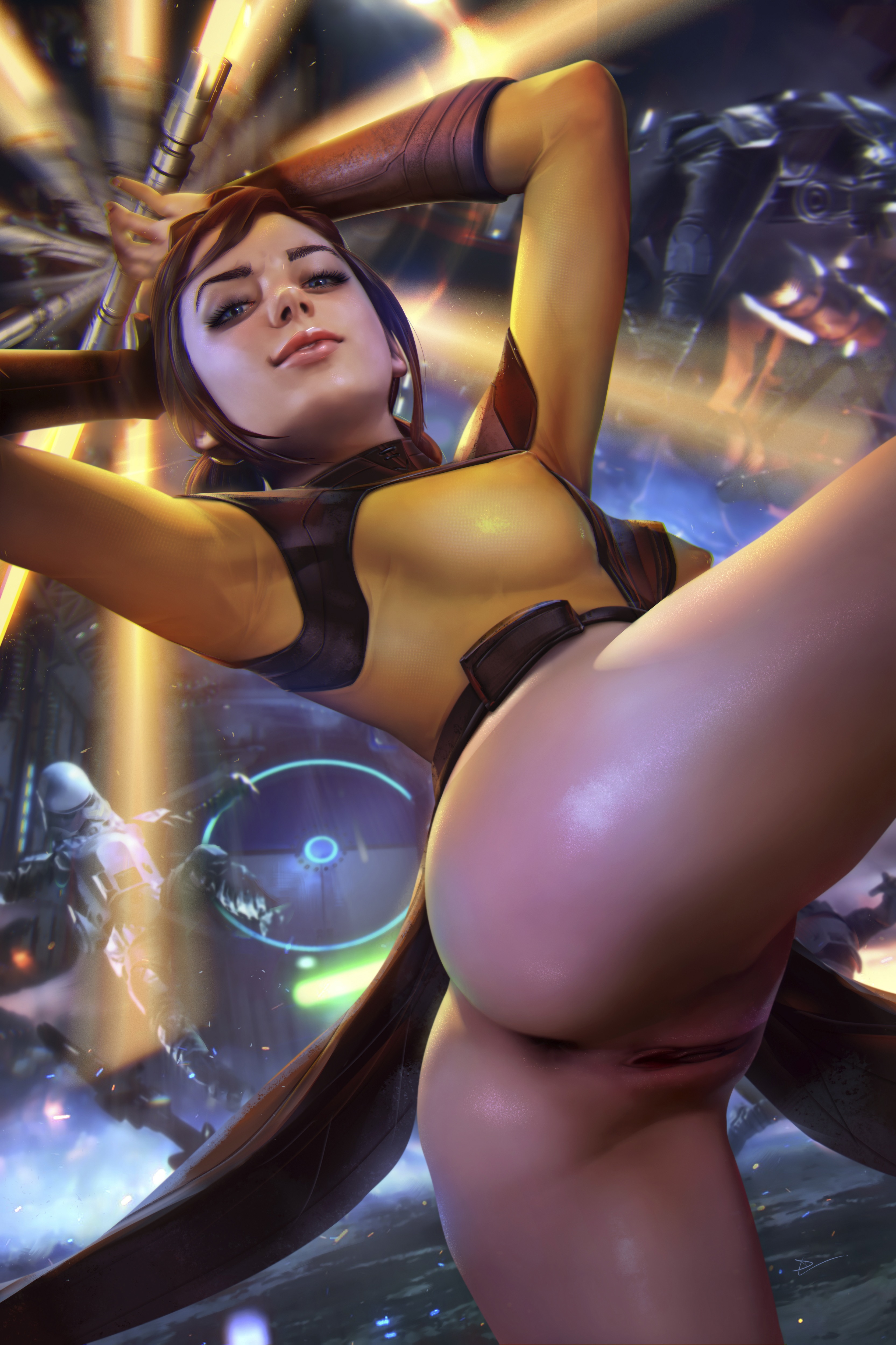 1girls, 2d, ass, asshole, bastila shan, bottomless, brown hair, demonlorddante, dual-bladed lightsaber, female, green lightsaber, jedi, knights of the old republic, knights of the old republic (series), lightsaber, looking at viewer, pussy, pussy lips, realistic, star wars, stormtrooper, vagina, yellow lightsaber