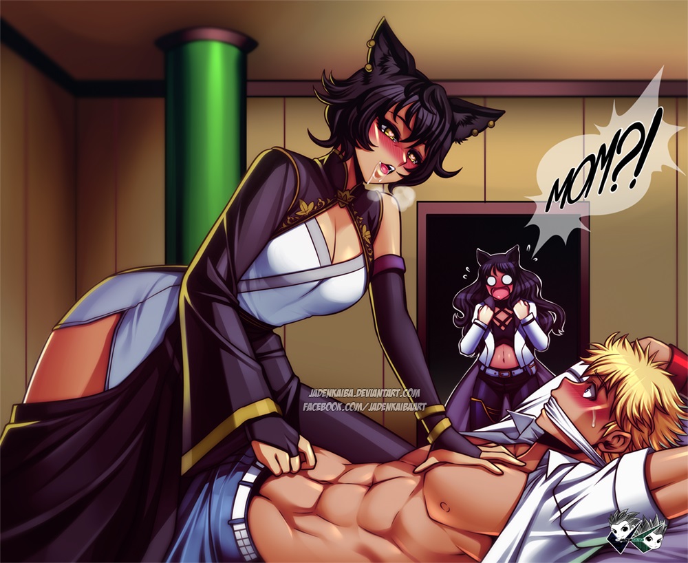 1boy, 2girls, abs, animal ears, assertive, assertive female, big breasts, black hair, blake belladonna, blonde hair, blush, bondage, breasts, busty, cat ears, caught, caught by daughter, cheating mother, cleavage, cucked by mother, cuckold, cuckquean, english text, female, femdom, full-face blush, gag, heart-shaped pupils, horny, imminent rape, jadenkaiba, kali belladonna, large breasts, long hair, male, mature female, midriff, milf, mother and daughter, naughty face, navel, open clothes, open mouth, panic, pants, rape, reverse rape, rwby, saliva, short hair, straight, sun wukong (rwby), surprised, underwear