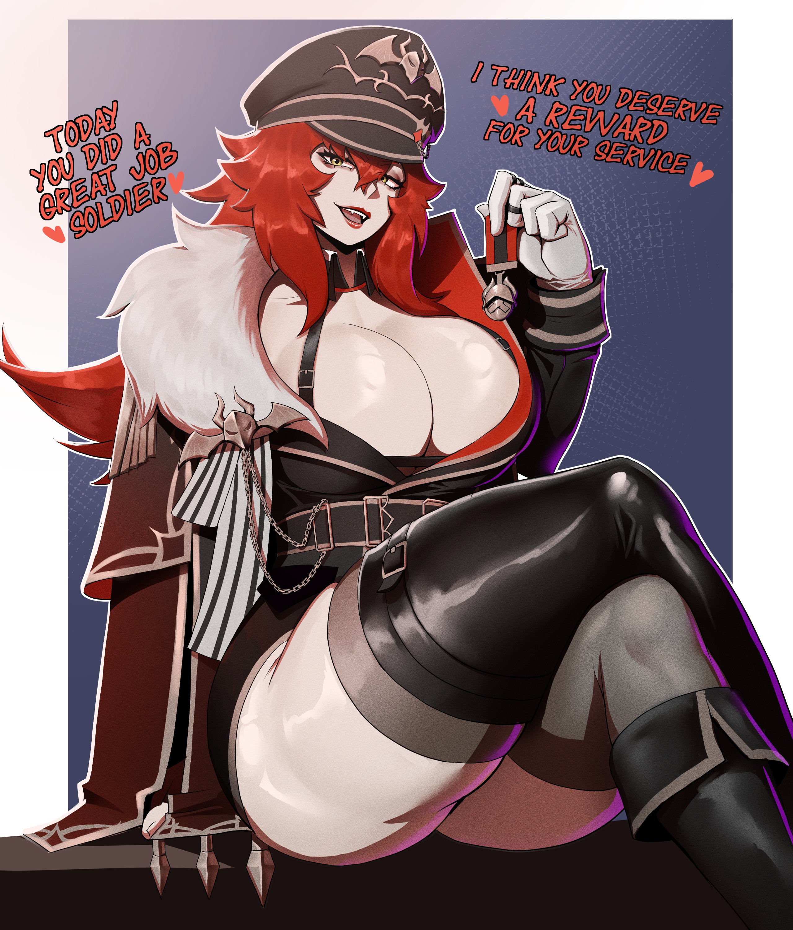 1girls, breasts, cleavage, clothed, clothing, female, female only, huge breasts, light skin, light-skinned female, military uniform, miru5, red hair, solo, virtual youtuber, zentreya, zentreya (general)