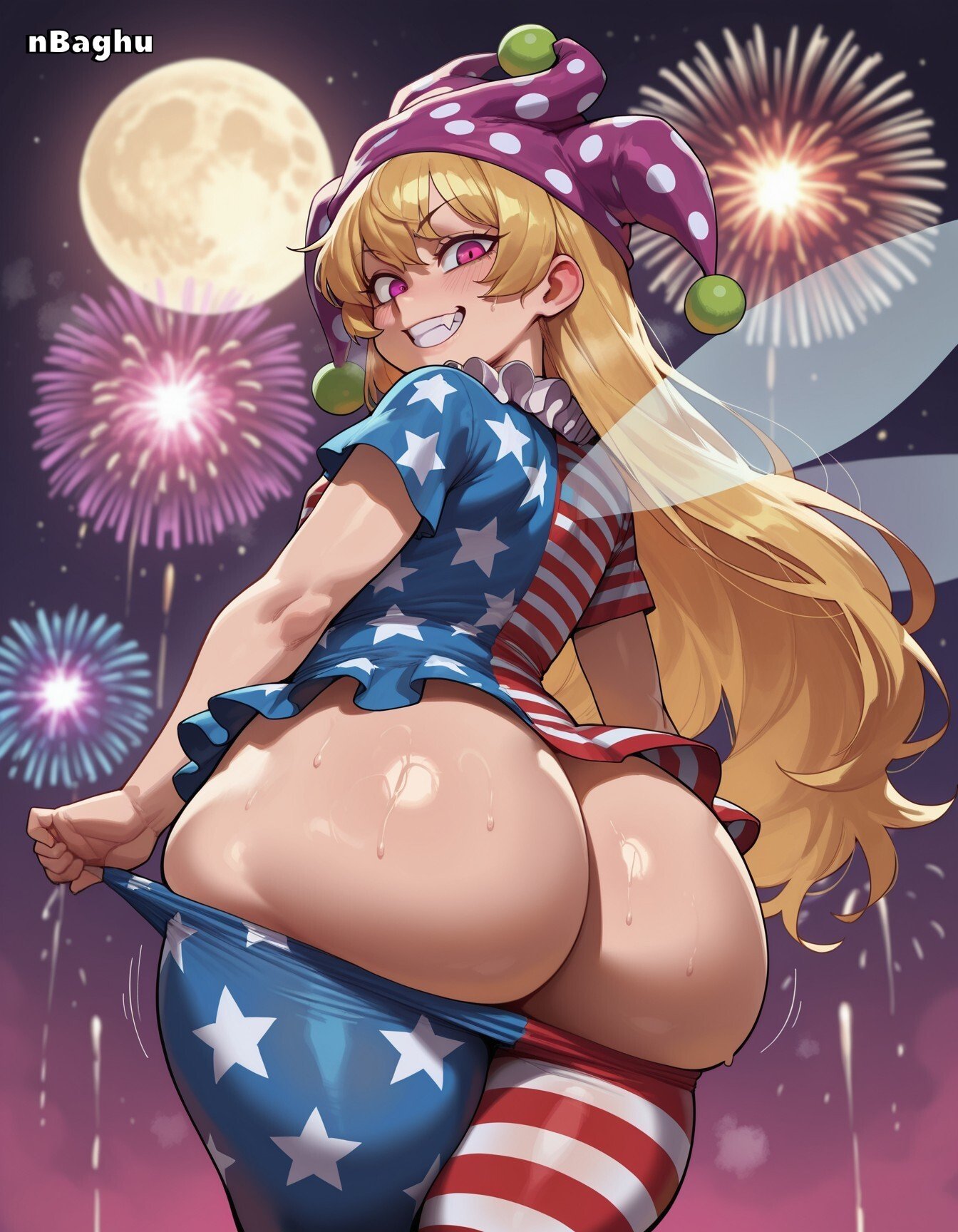 1girls, 4th of july, ai generated, american flag, american flag bikini, ass, ass focus, ass out, big ass, blonde hair, bottom heavy, breasts, clownpiece, cowboy shot, female, fireworks, from behind, grin, hat, highres, huge ass, jester, jester hat, long hair, looking at viewer, looking back, motion lines, nbaghu, pantyhose, pantyhose pull, petite, pink eyes, rear view, short dress, shortstack, small breasts, smug, smug face, solo, solo female, touhou