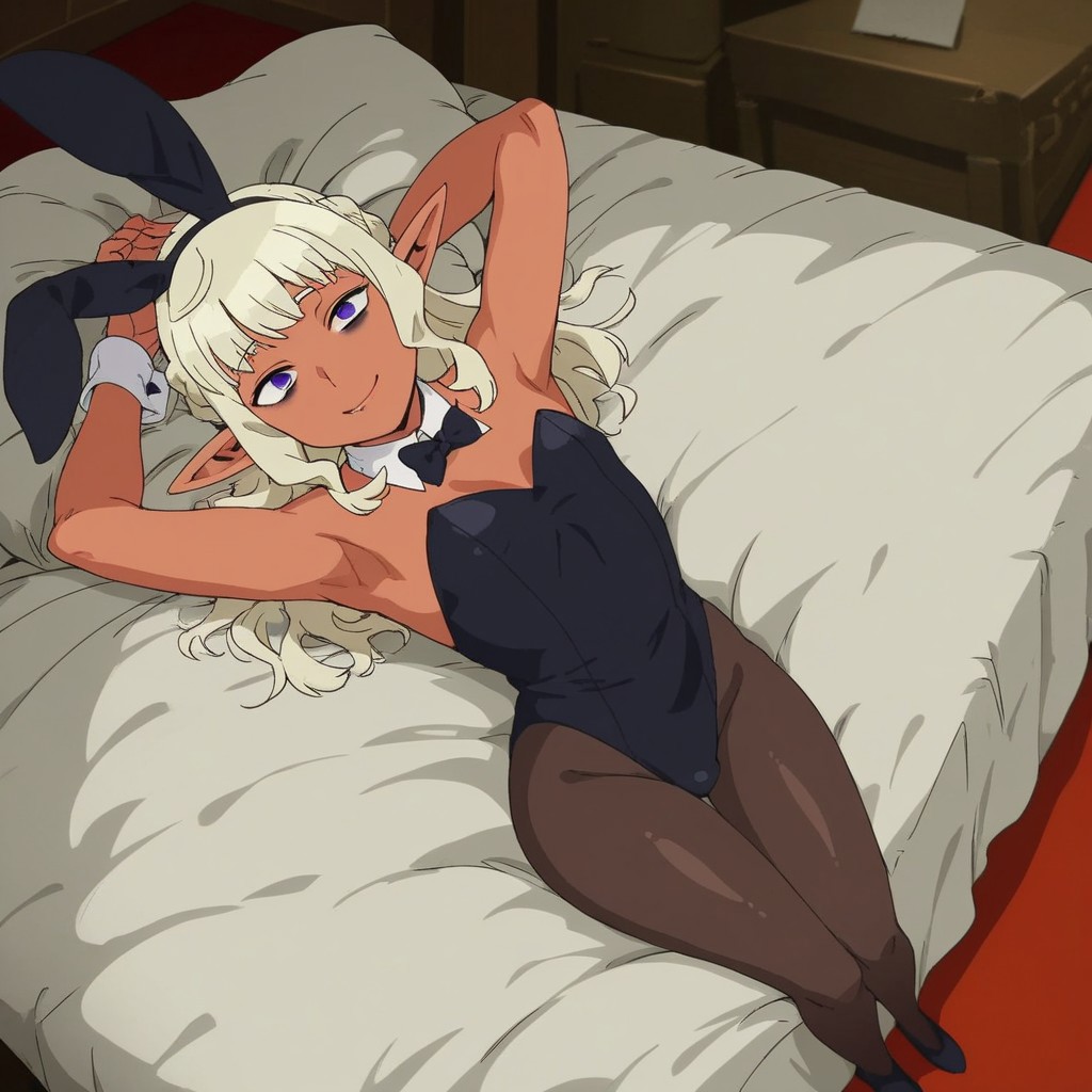 1boy, ai generated, bunnysuit, dark skin, dark-skinned femboy, dark-skinned male, dark-skinned sissy, dark-skinned twink, dungeon meshi, femboy, purple eyes, thistle (dungeon meshi)
