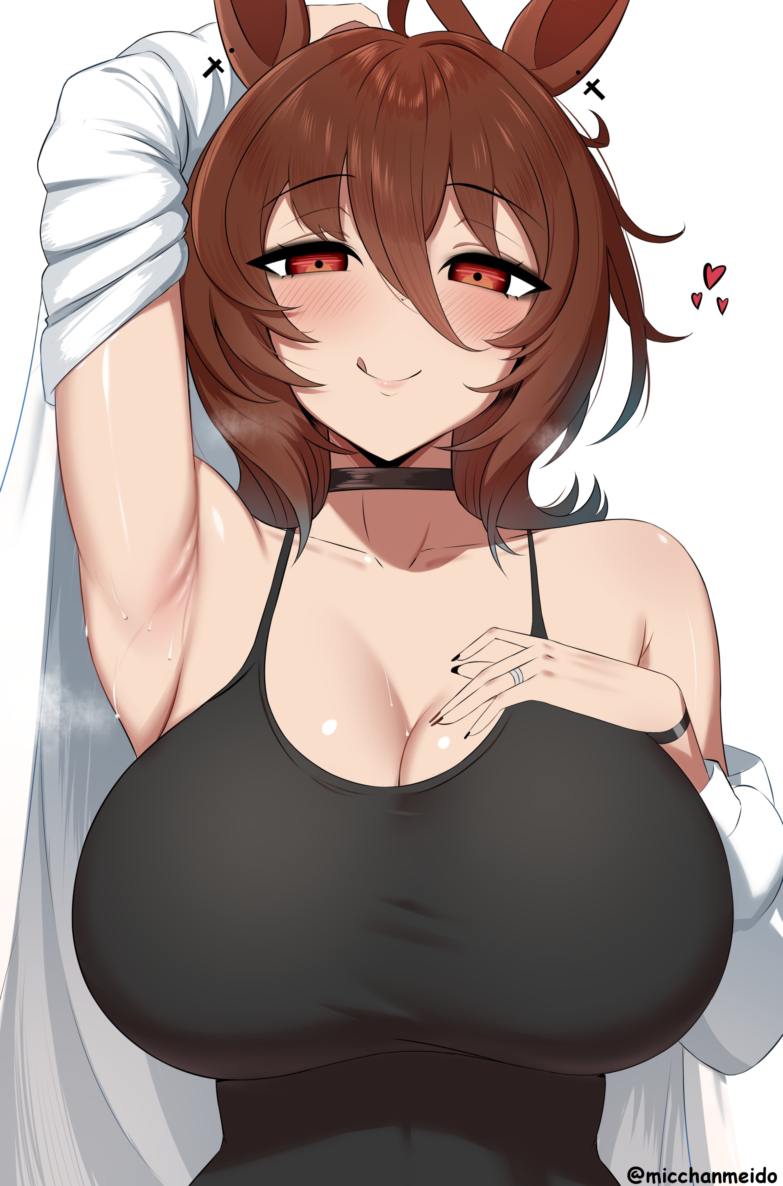 :q, 1girls, absurdres, agnes tachyon (umamusume), animal ears, arm behind head, arm up, armpits, artist name, black camisole, black choker, blush, breasts, brown hair, camisole, choker, coat, commentary, english commentary, female, hair between eyes, highres, horse ears, horse girl, lab coat, large breasts, looking at viewer, medium hair, micchan (micchanmeido), presenting armpit, red eyes, simple background, smile, solo, sweat, tongue, tongue out, twitter username, umamusume, white background, white coat